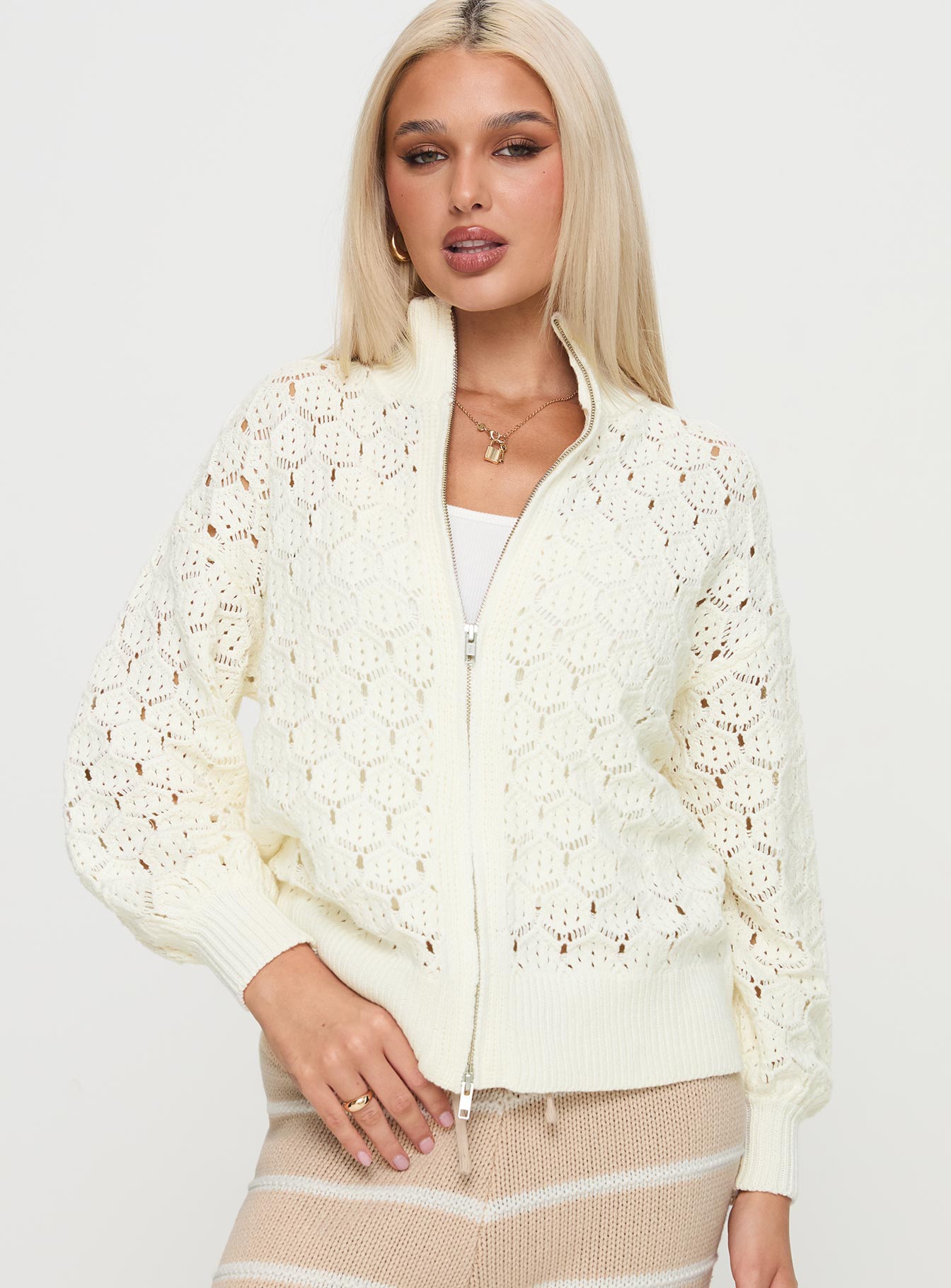 Sirena Zip Through Knit Sweater Cream For Cheap Online