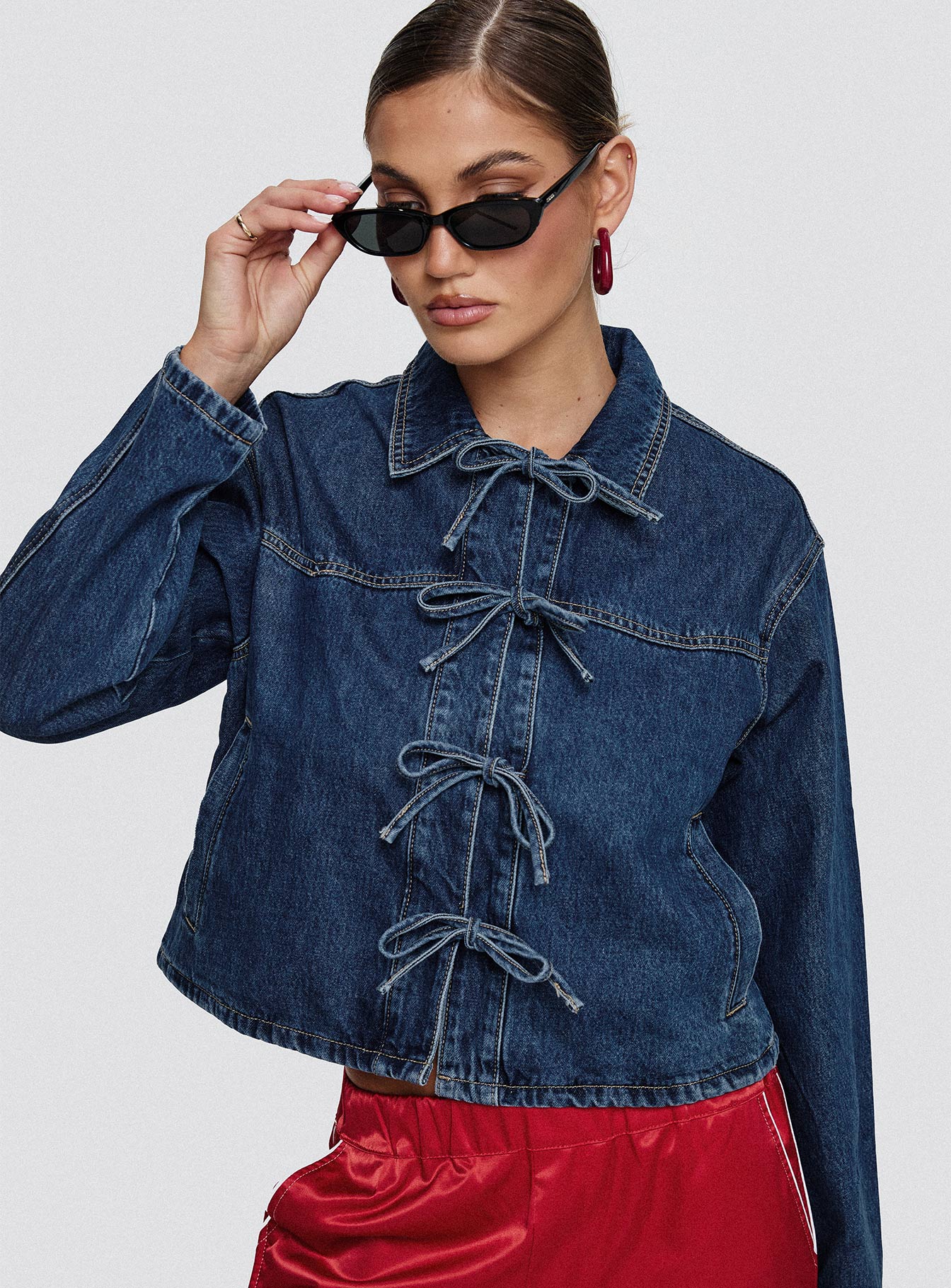 Good On You Bow Detail Jacket Blue Denim Outlet Pay With Paypal