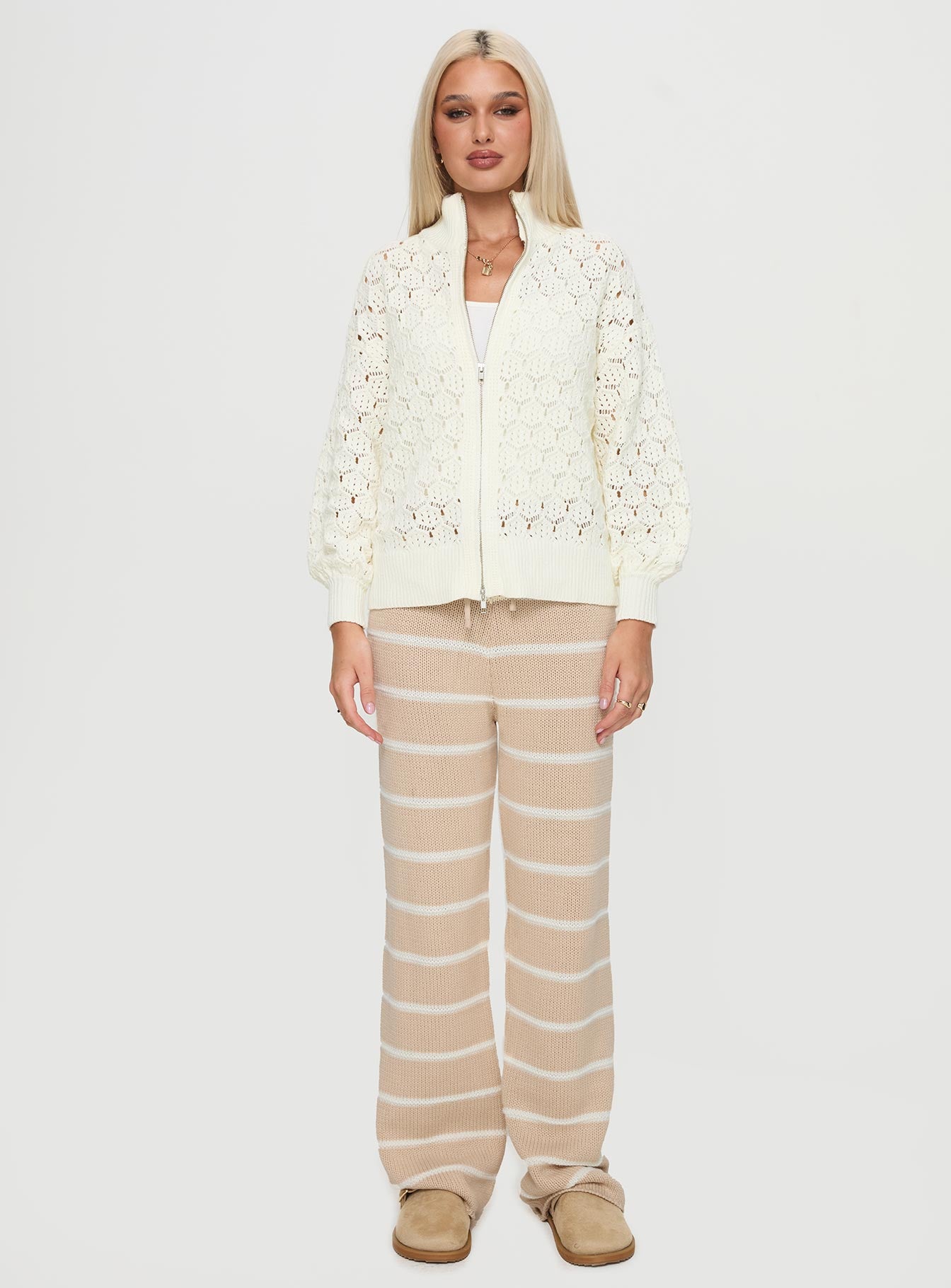 Sirena Zip Through Knit Sweater Cream For Cheap Online