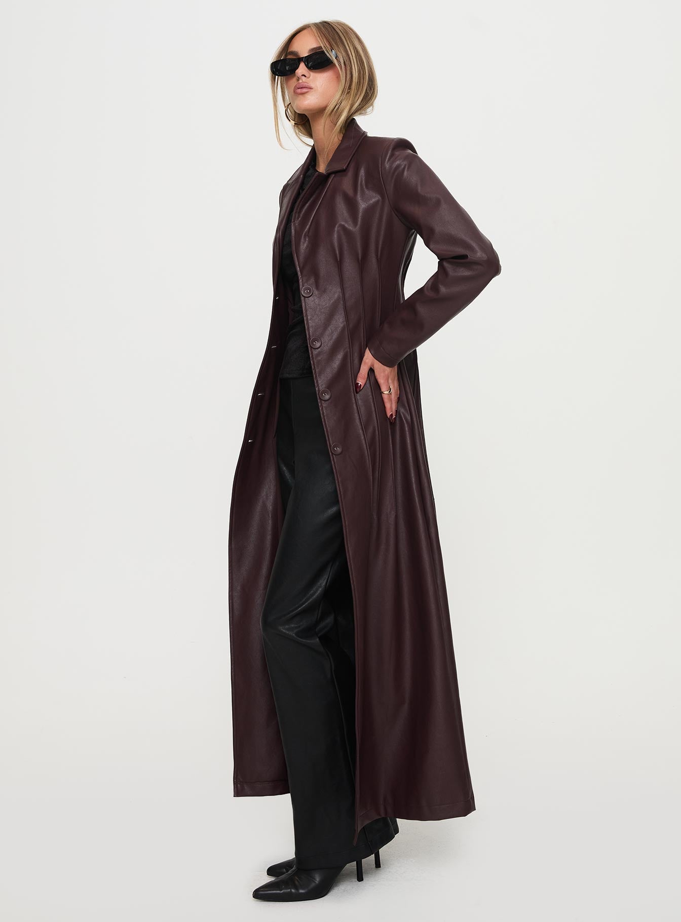 Speak Easy Long Line Faux Leather Coat Burgundy Clearance Affordable