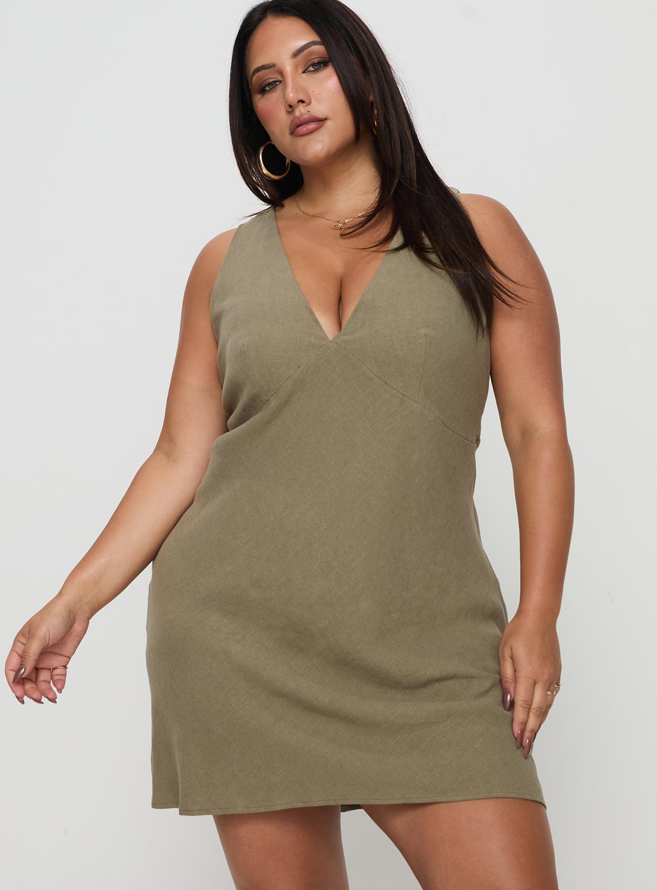 Portillo Linen Blend Mini Dress Olive Curve Fashion Style Online