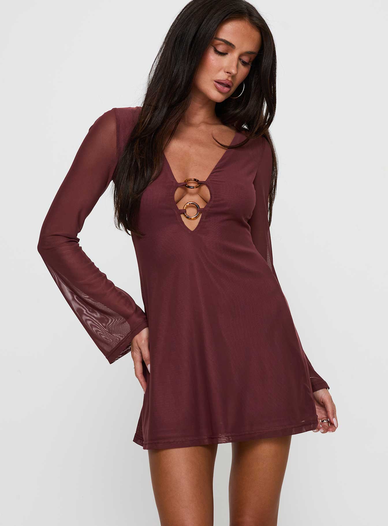 Artique Long Sleeve Mini Dress Brown Discount Tumblr