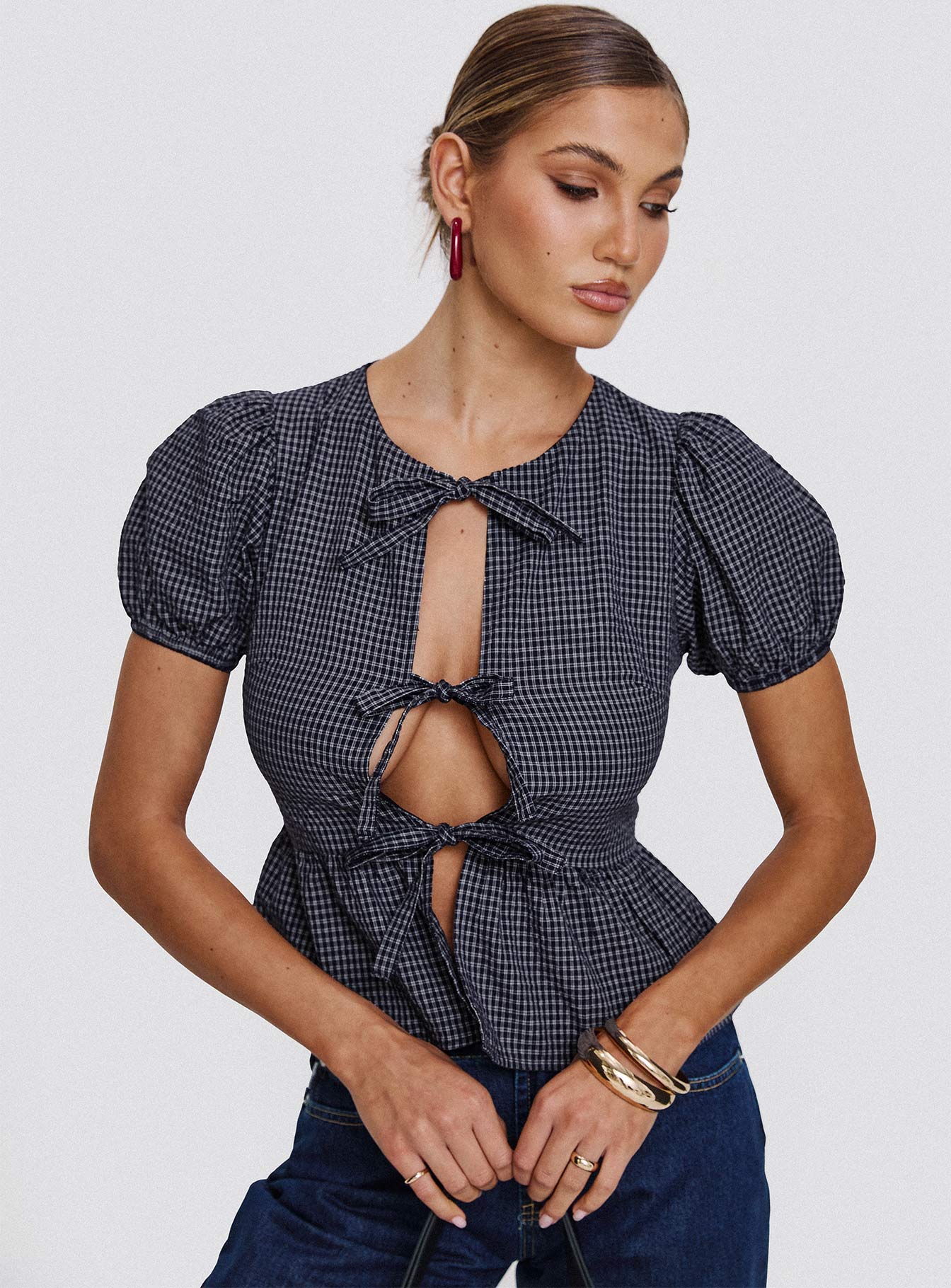 Verah Tie Up Puff Sleeve Top Navy Check Discount Order