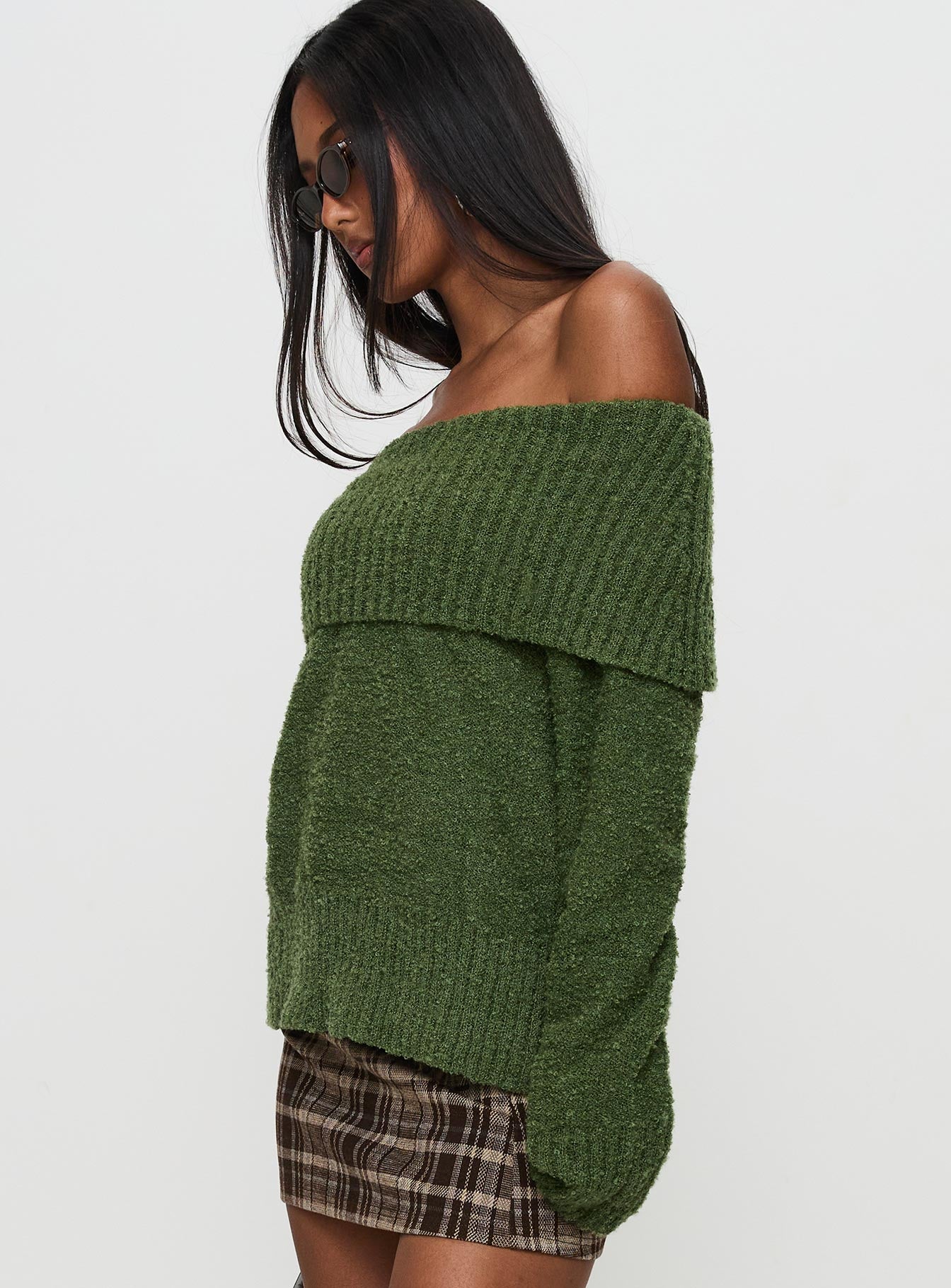 Parkley Boucle Off The Shoulder Sweater Olive Sale Footlocker