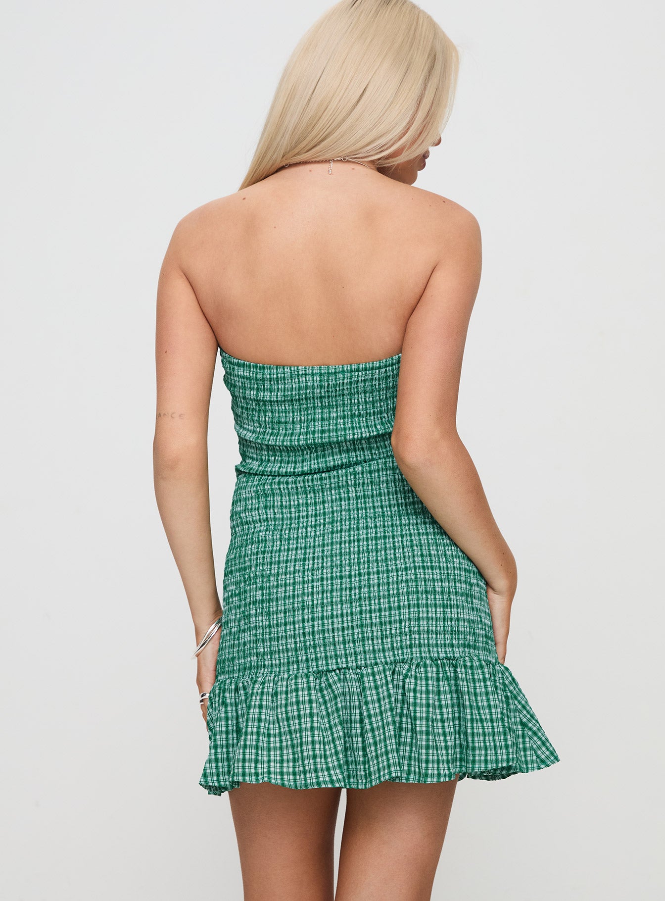 Porschia Strapless Mini Dress Green Check Clearance 2025