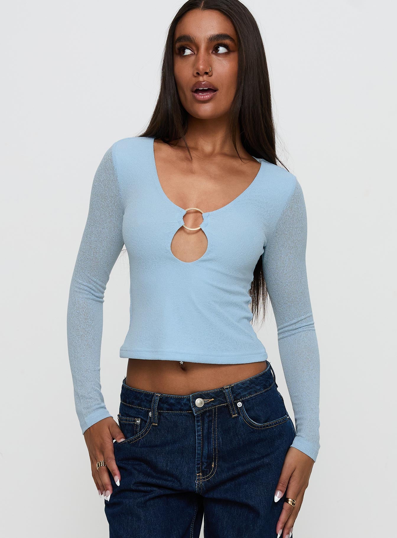 This Fate Long Sleeve Ring Detail Top Blue Sale Comfortable