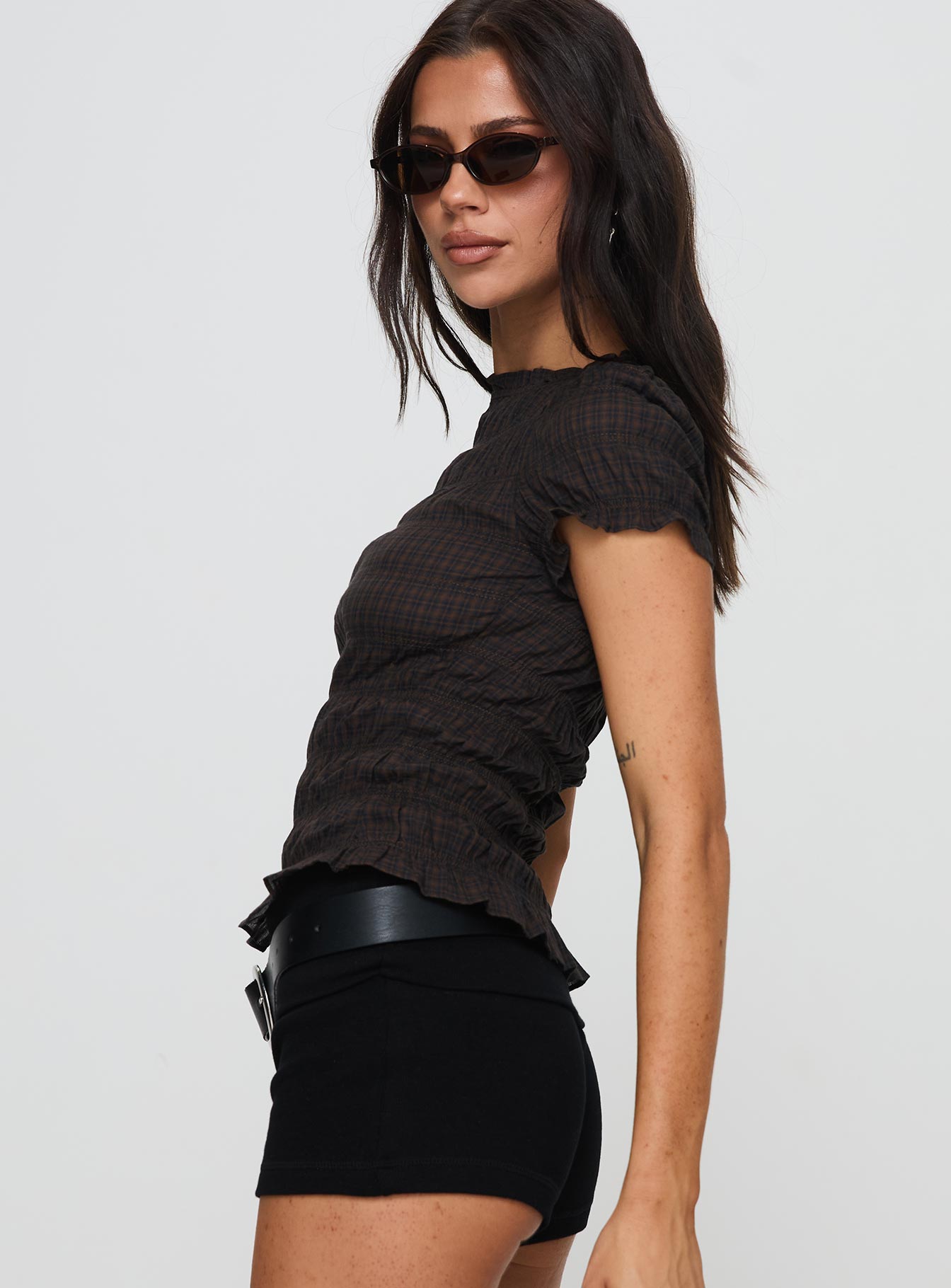 Romelle Shirred Top Black / Brown Plaid Outlet Visit