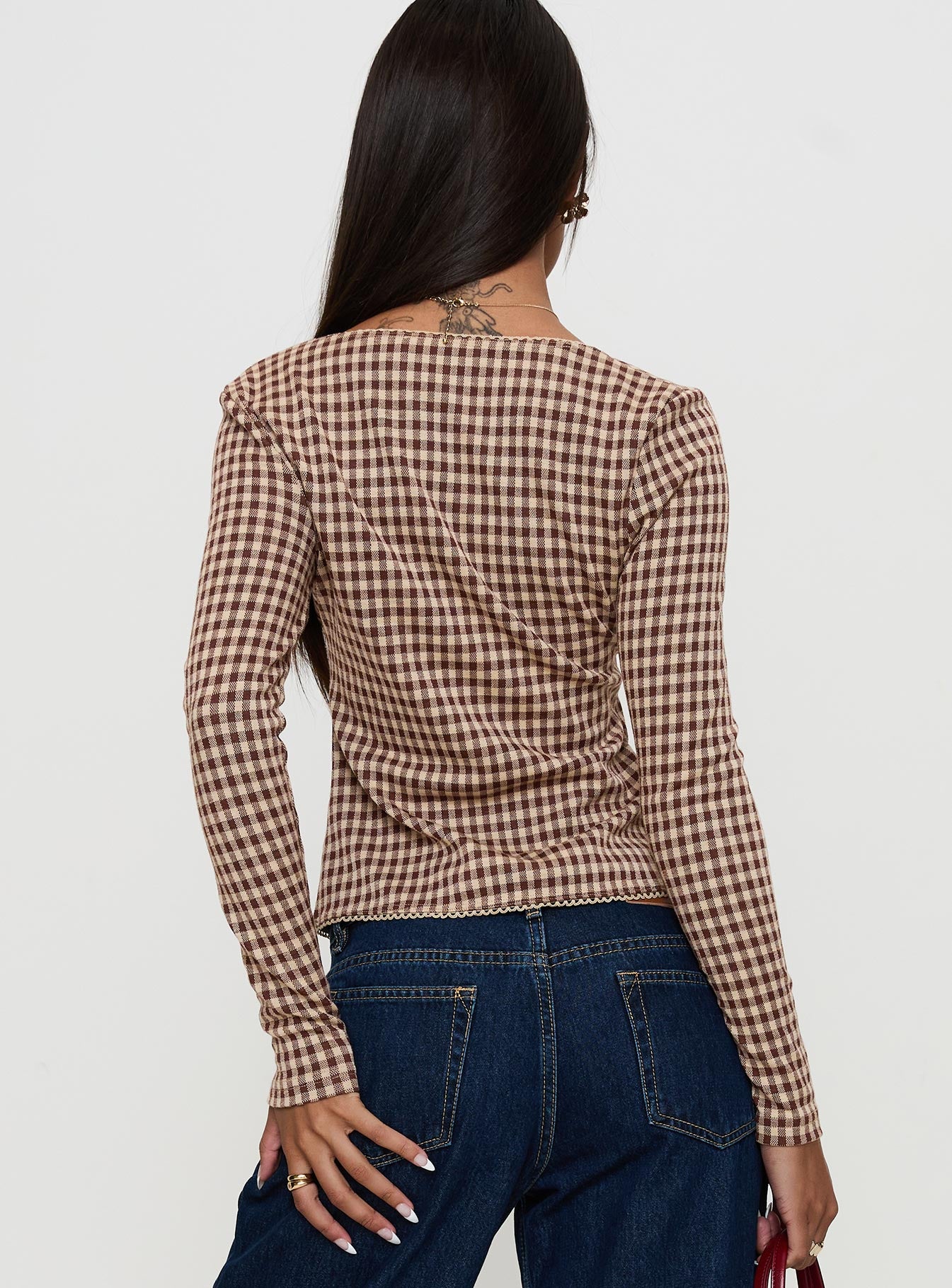 Maemi Long Sleeve Tie Up Top Brown Check Buy Cheap Best Place