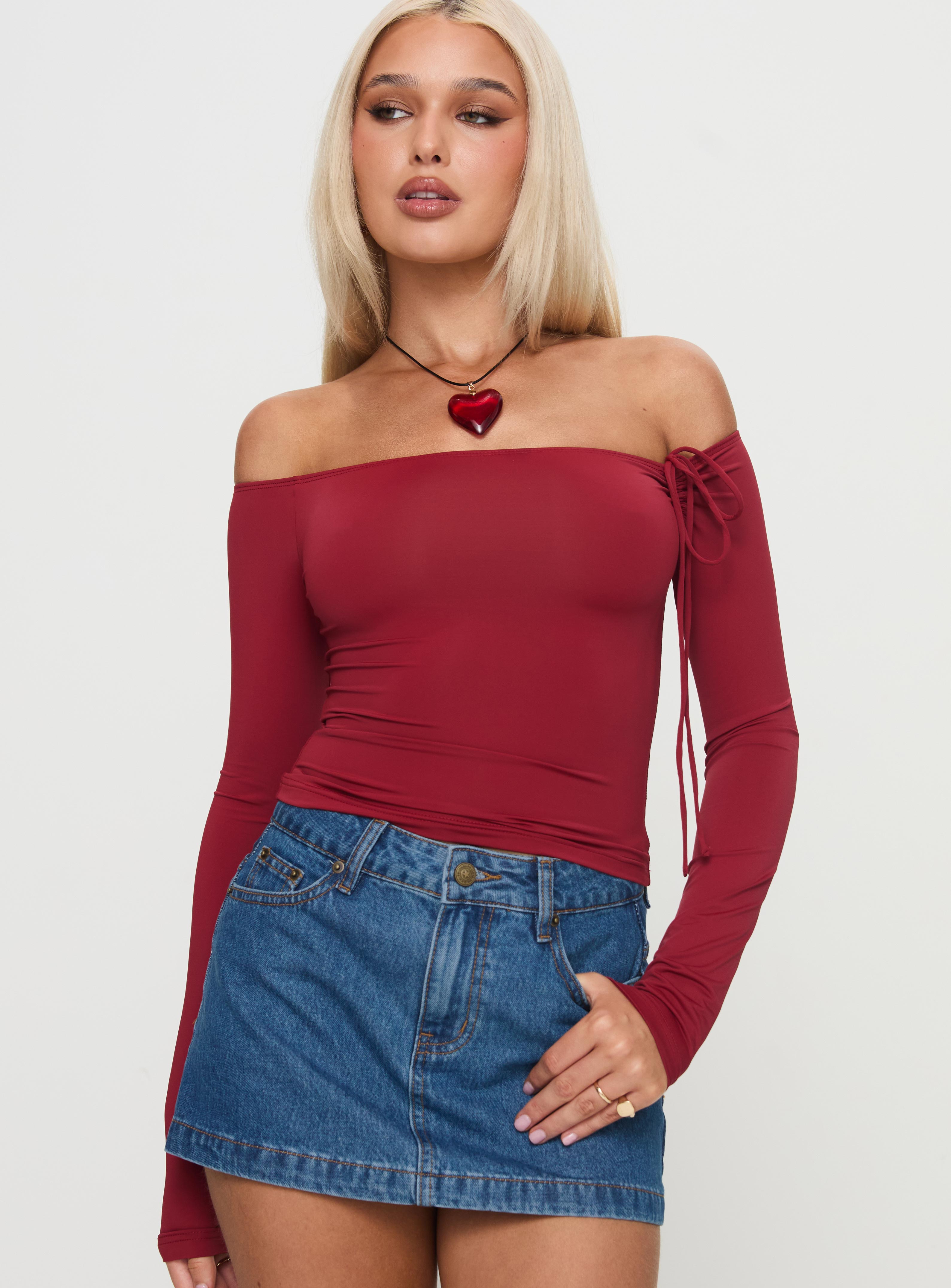 Where You At Off Shoulder Long Sleeve Top Red Cheap Pice Discount Authentic