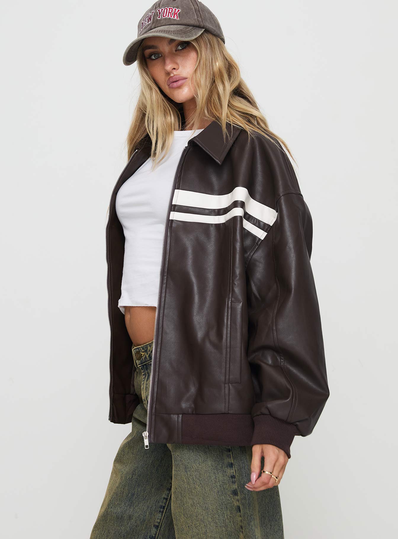 Goldsmith Faux Leather Bomber Jacket Chocolate / White Pay With Visa Cheap Pice