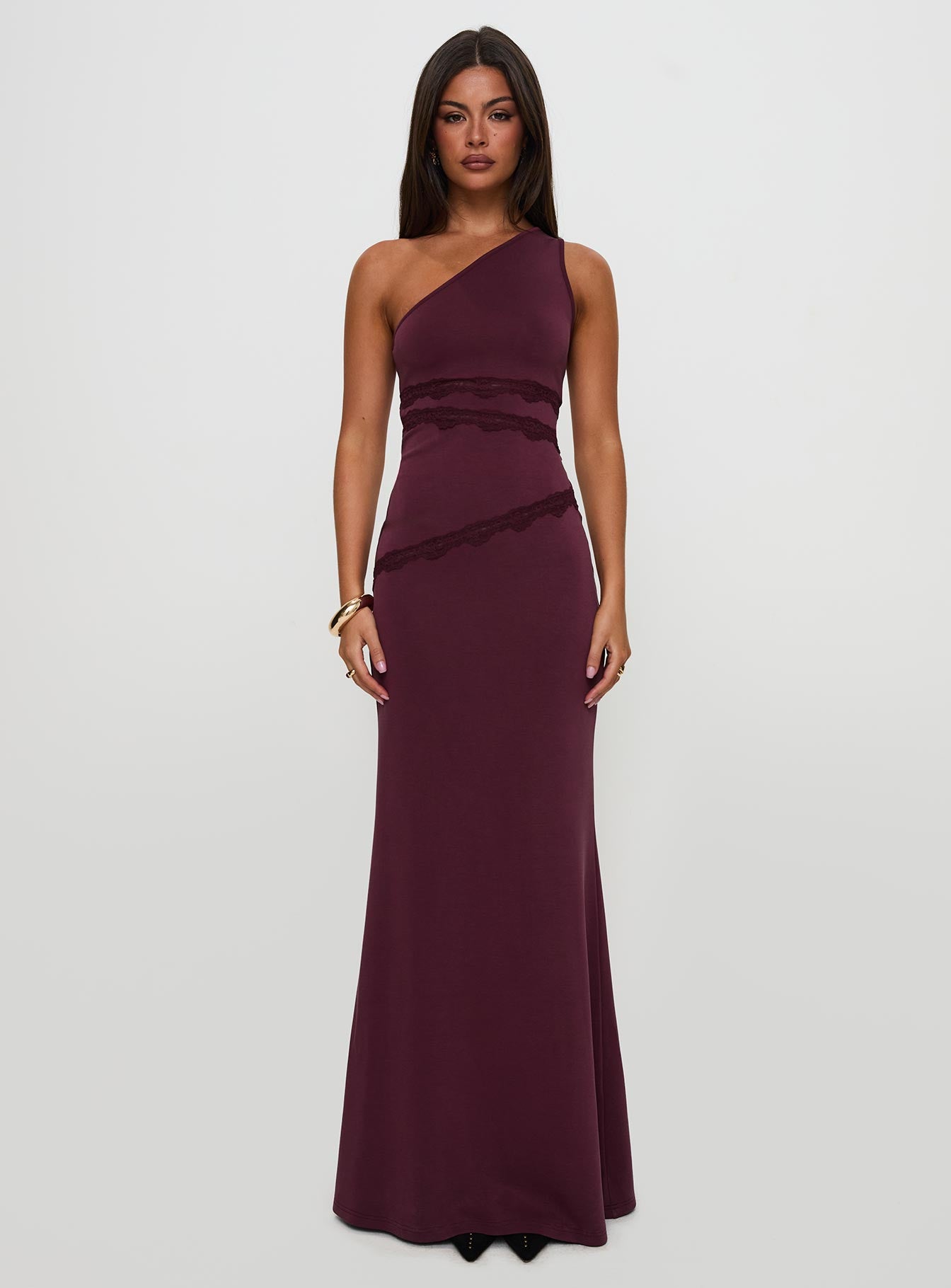 Ultraviolet One Shoulder Lace Maxi Dress Wine Clearance Clearance Store