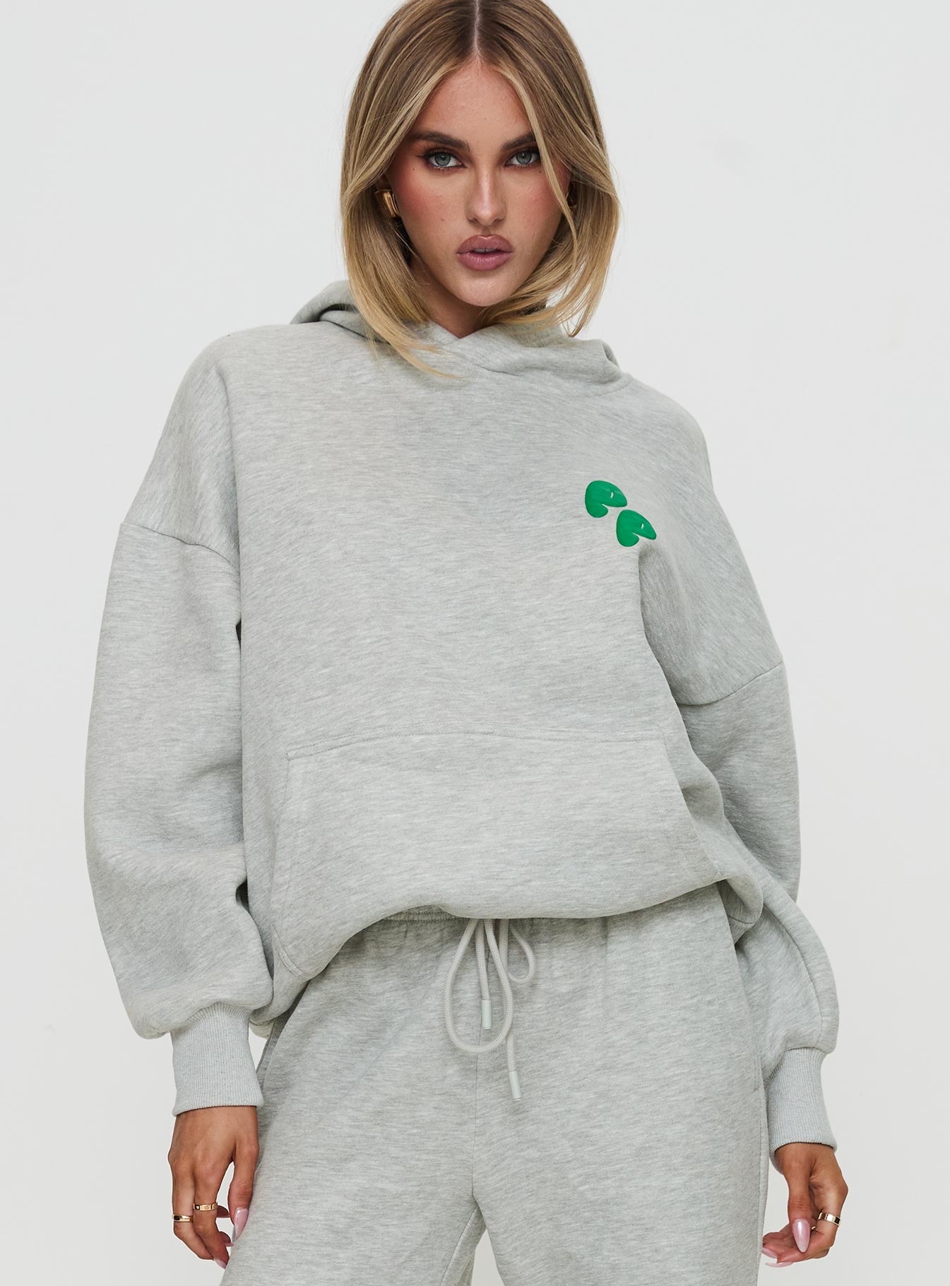 Princess Polly Hooded Sweatshirt Bubble Text Grey Marle / Green Clearance Low Pice Fee Shipping