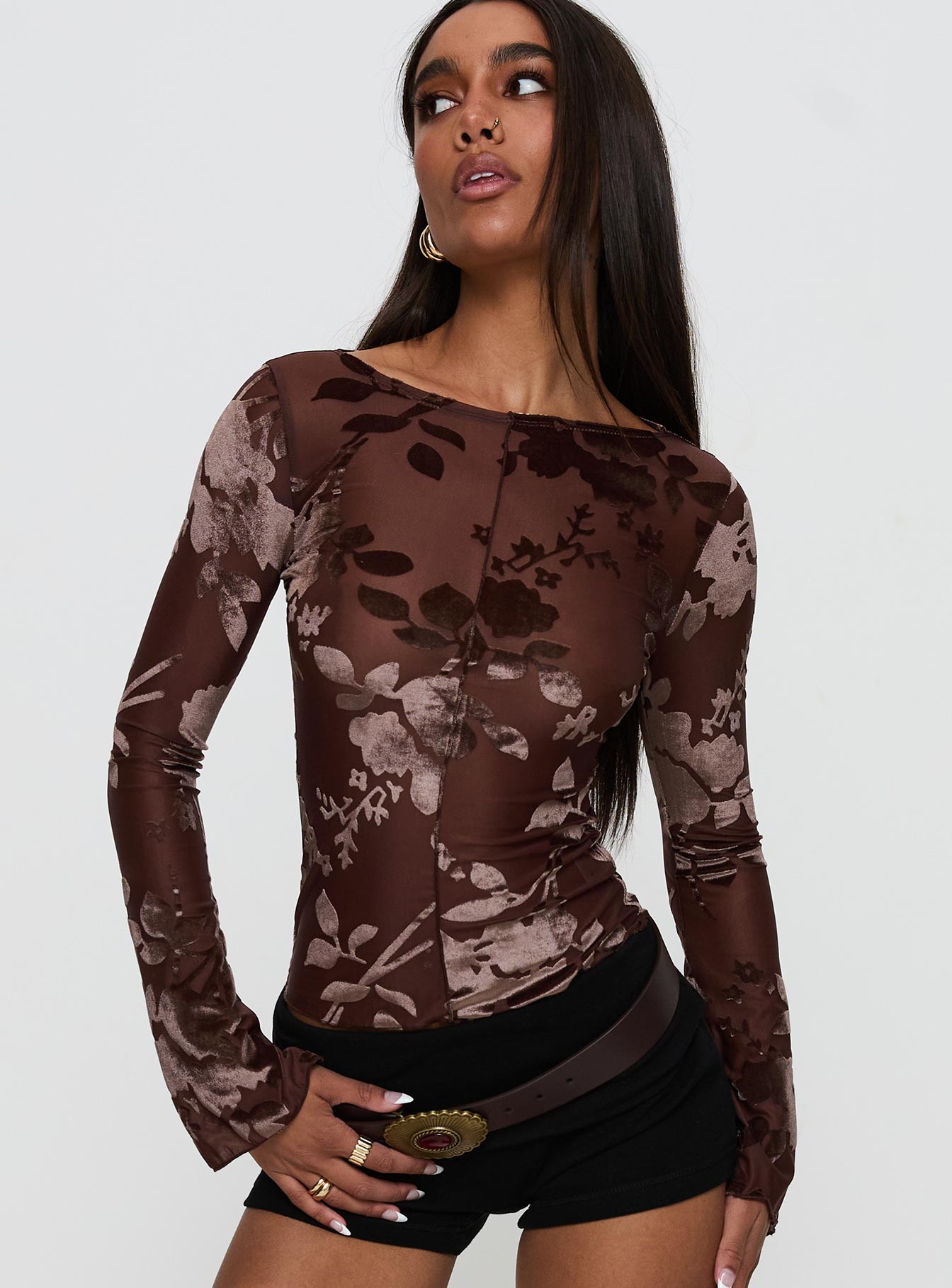 Meant To Be Mesh Long Sleeve Top Brown Floral Factory Outlet For Sale