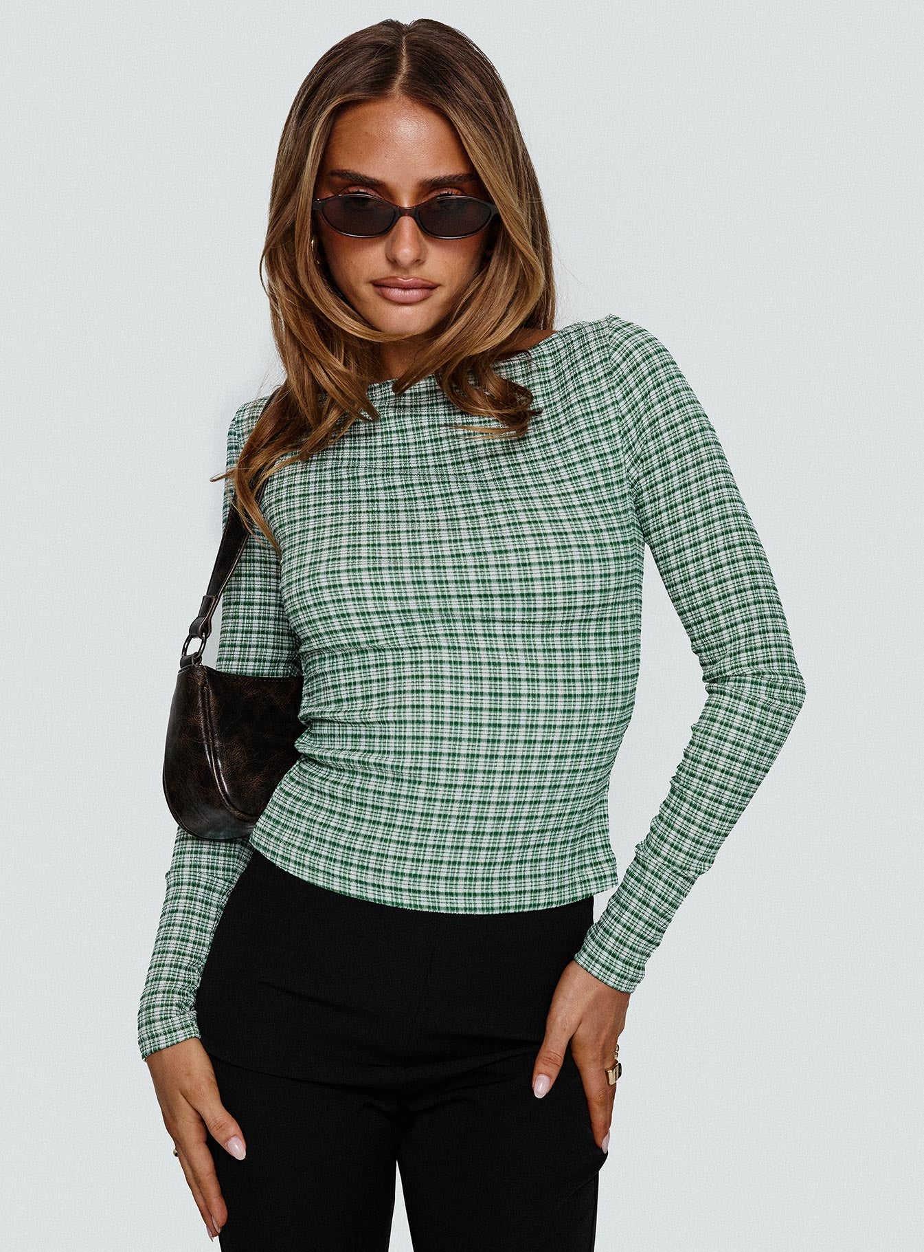 Every Second Boat Neck Long Sleeve Top Green Check 2025 Unisex Cheap Pice