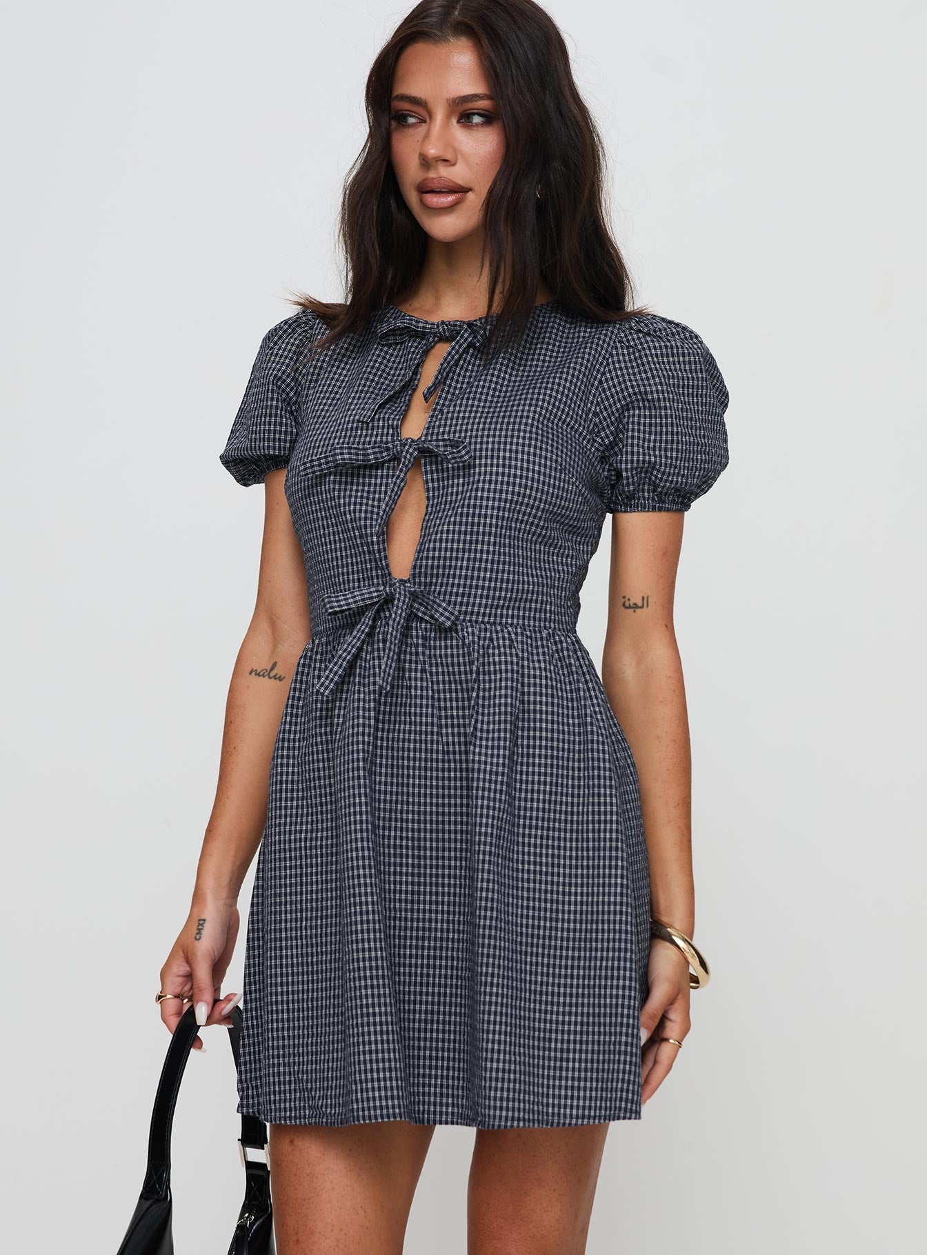 Nurture Bow Mini Dress Navy Check Cheap Best Sale