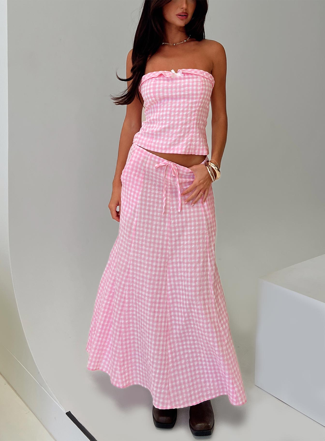 Carmino Maxi Skirt Pink Check Cheap Fashion Style