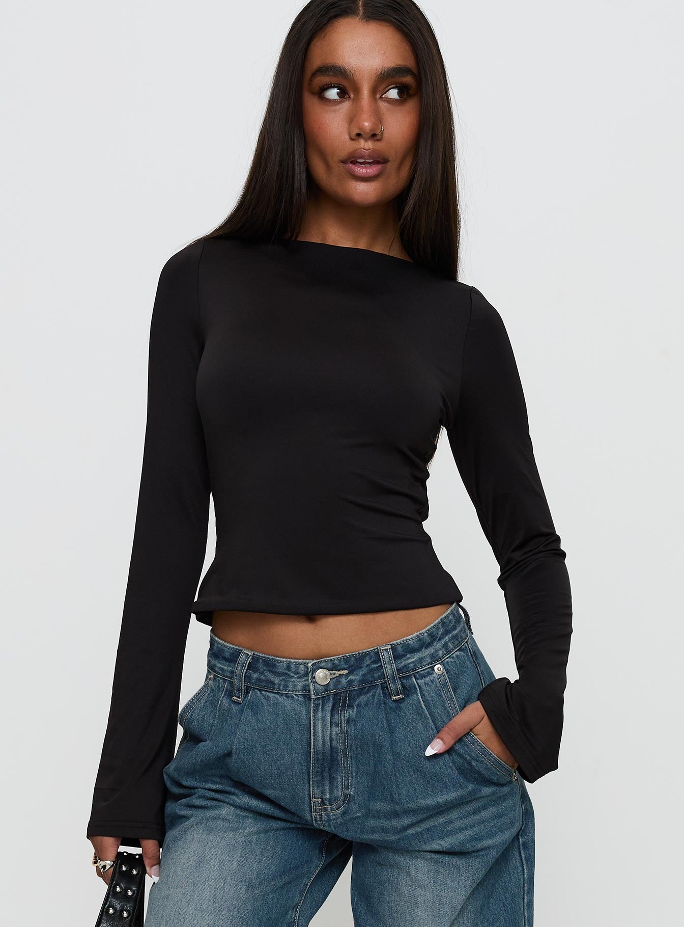 Lifes Good Long Sleeve Backless Top Black Reliable