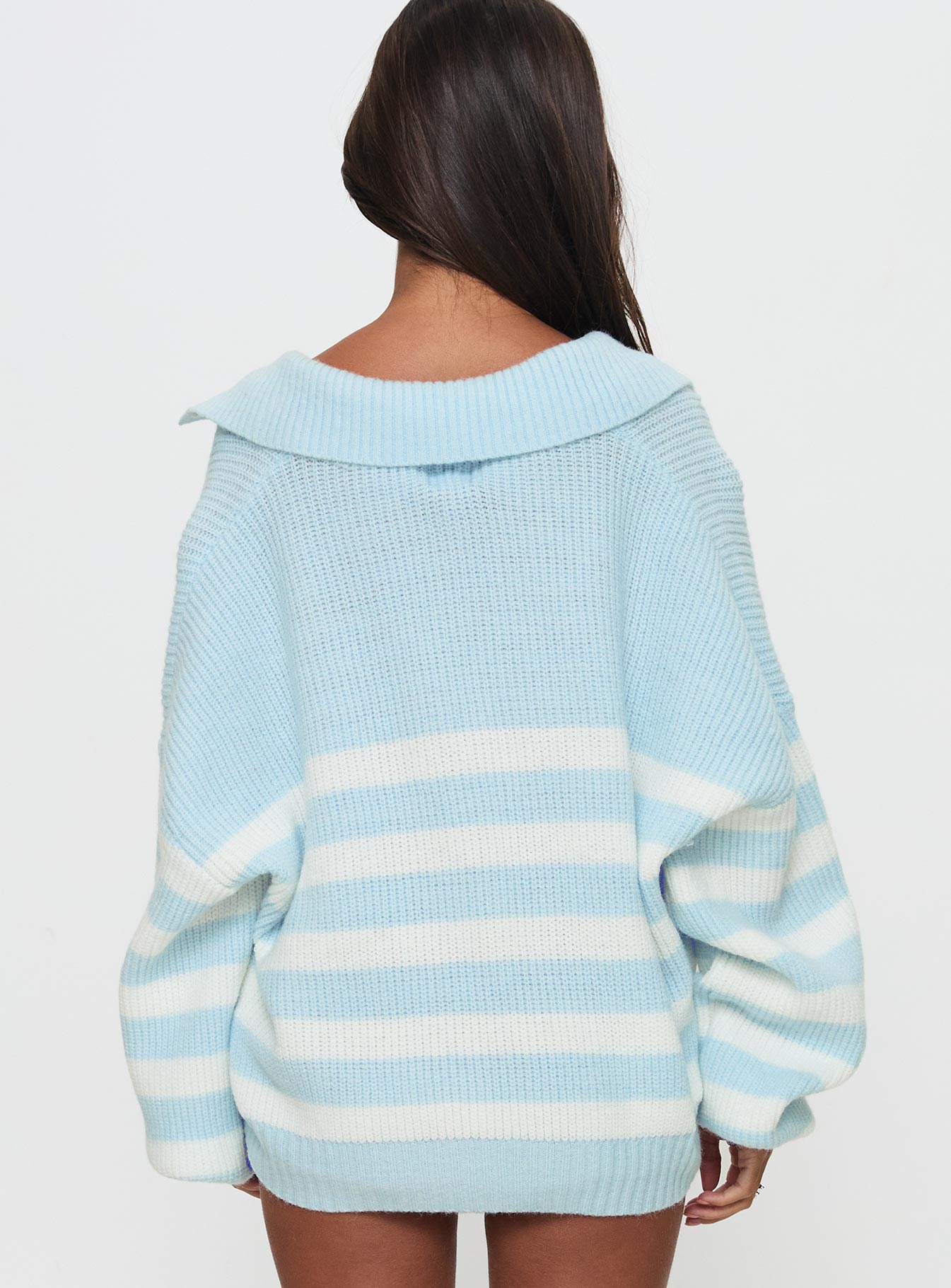 Carolena Long Sleeve Collared Knit Sweater Blue / White Stripe 2025 Newest Sale Online