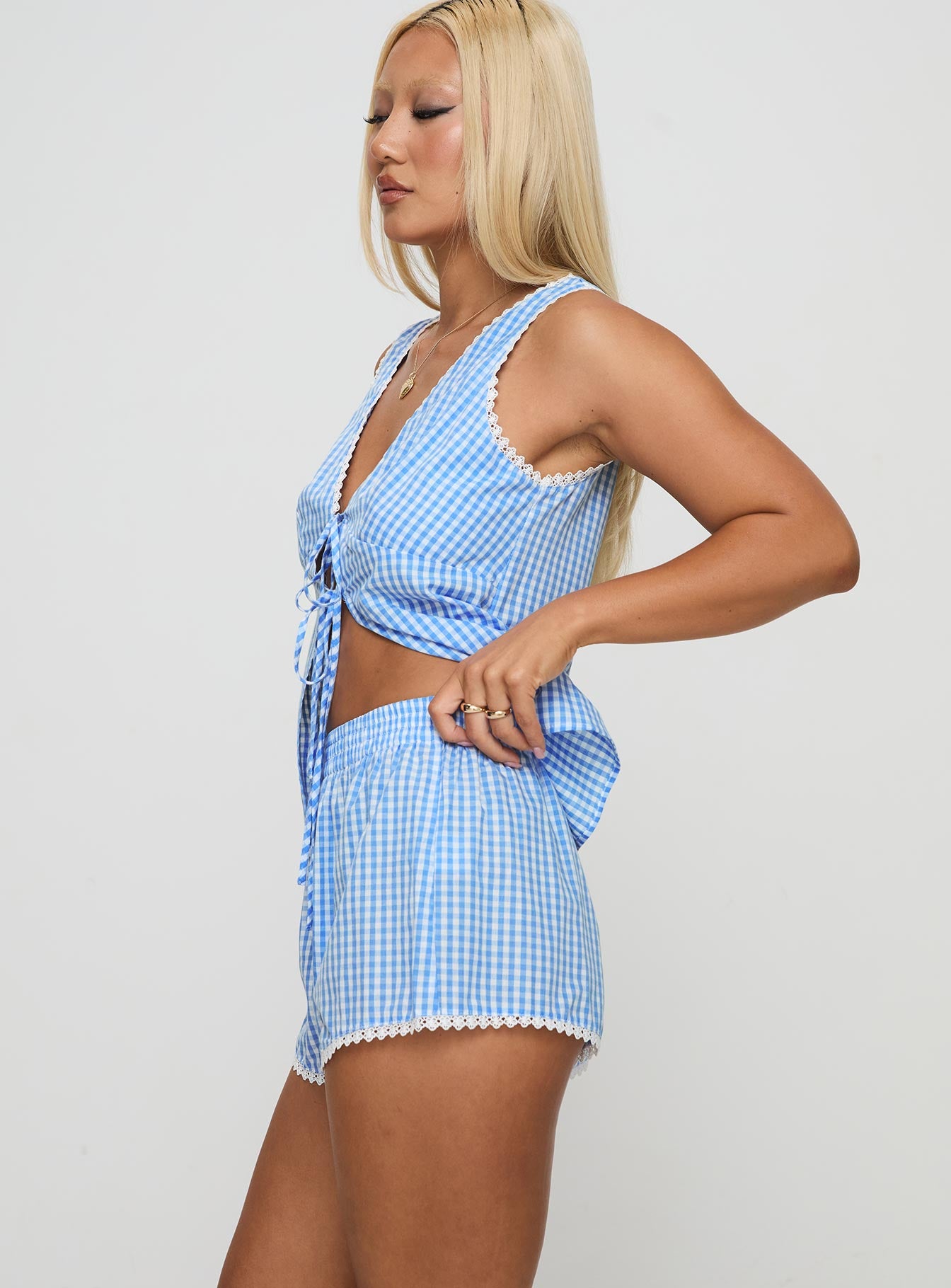 Jaycob Tie Front Set Blue Gingham Sale New