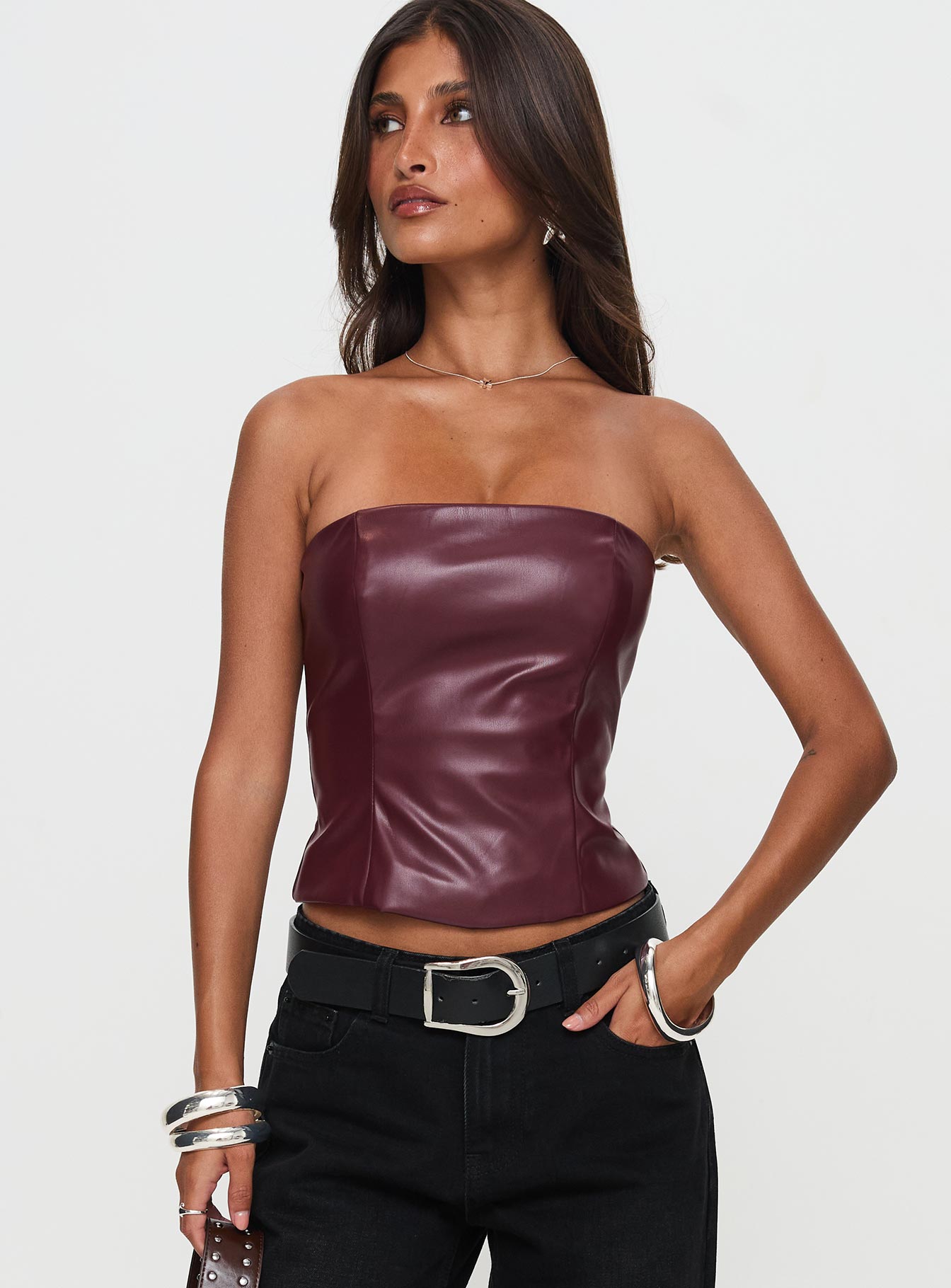 Oaklee Strapless Faux Leather Top Burgundy Looking For Online