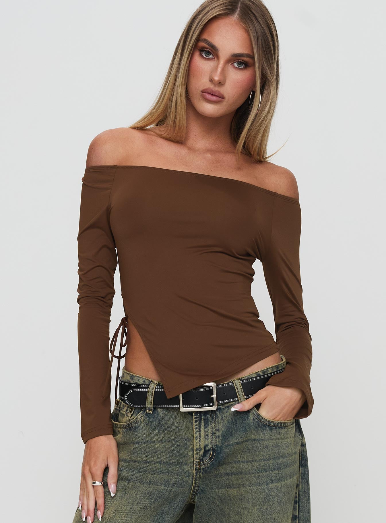 Endellion Off Shoulder Long Sleeve Top Chocolate Manchester For Sale