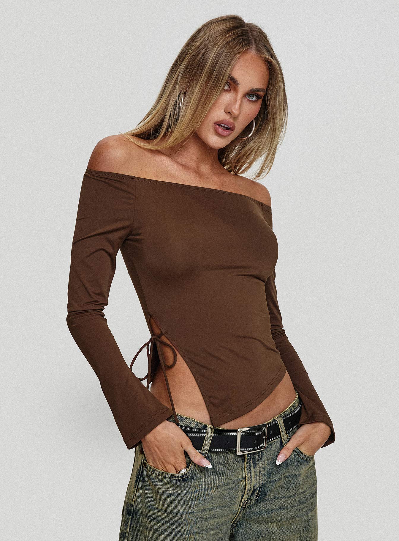 Endellion Off Shoulder Long Sleeve Top Chocolate Manchester For Sale