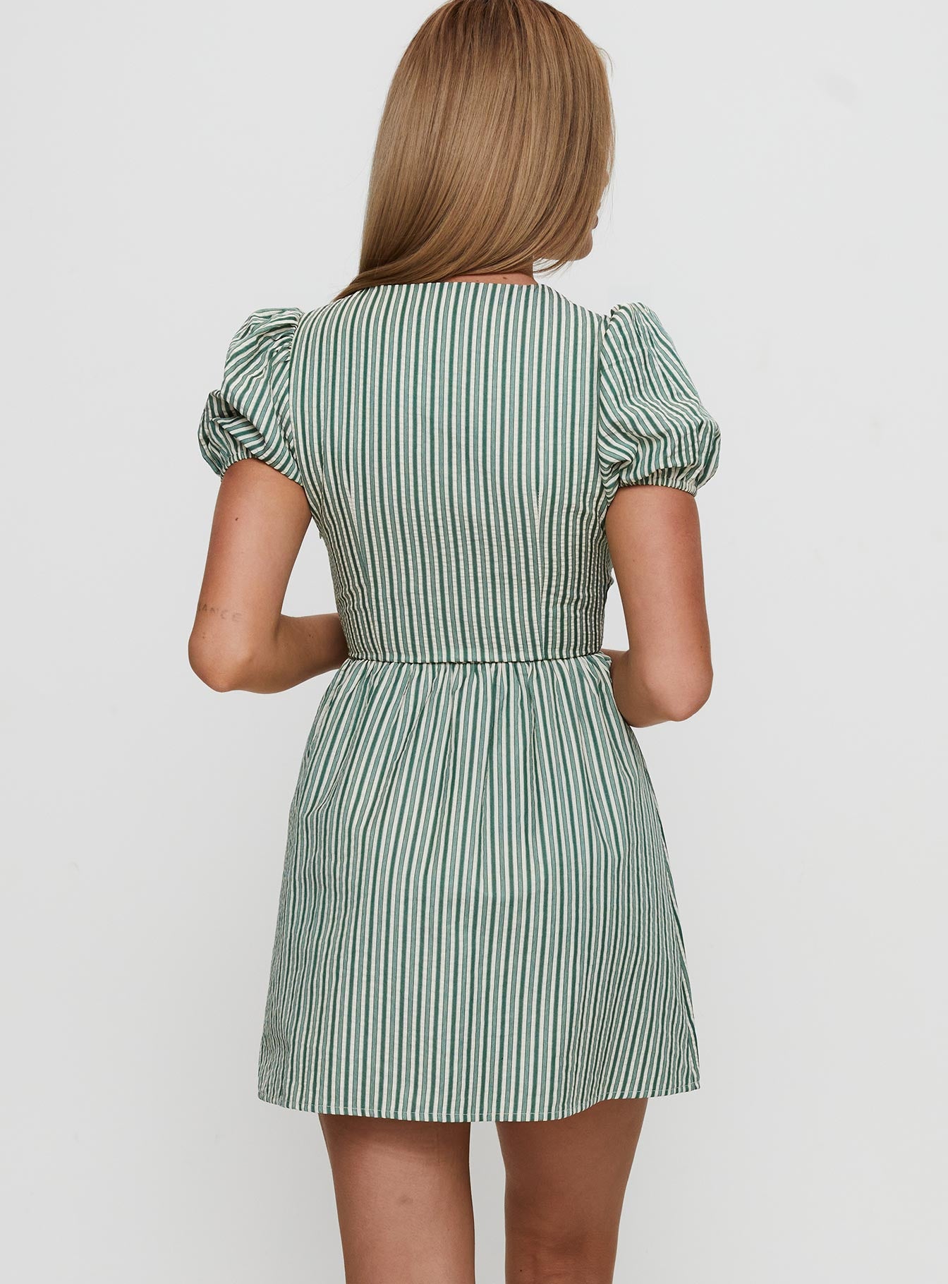 Nurture Bow Mini Dress Green Stripe Shop Offer For Sale