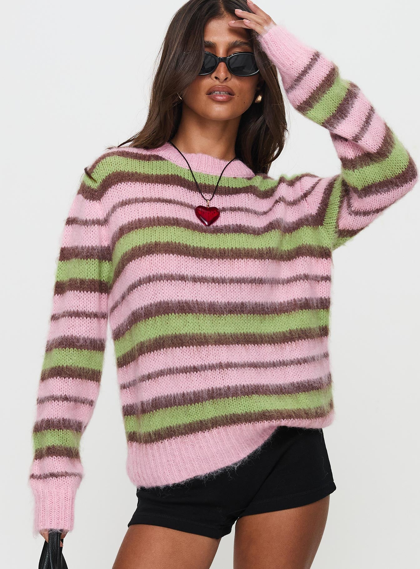 Maysie Crew Neck Knit Sweater Green / Pink Best Sale For Sale