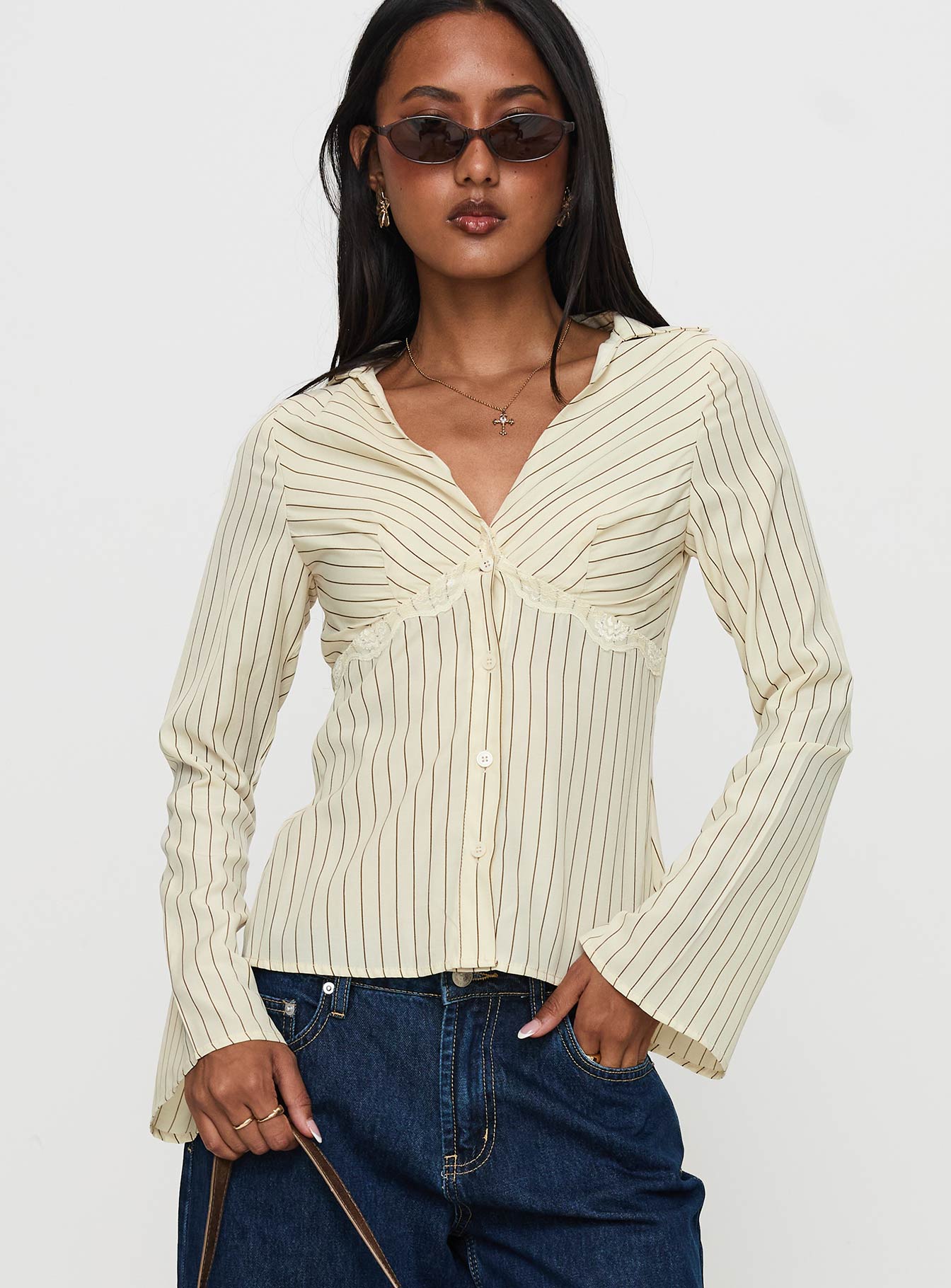 Life Begins Long Sleeve Lace Trim Top Cream Stripe Cheap Sale Shop