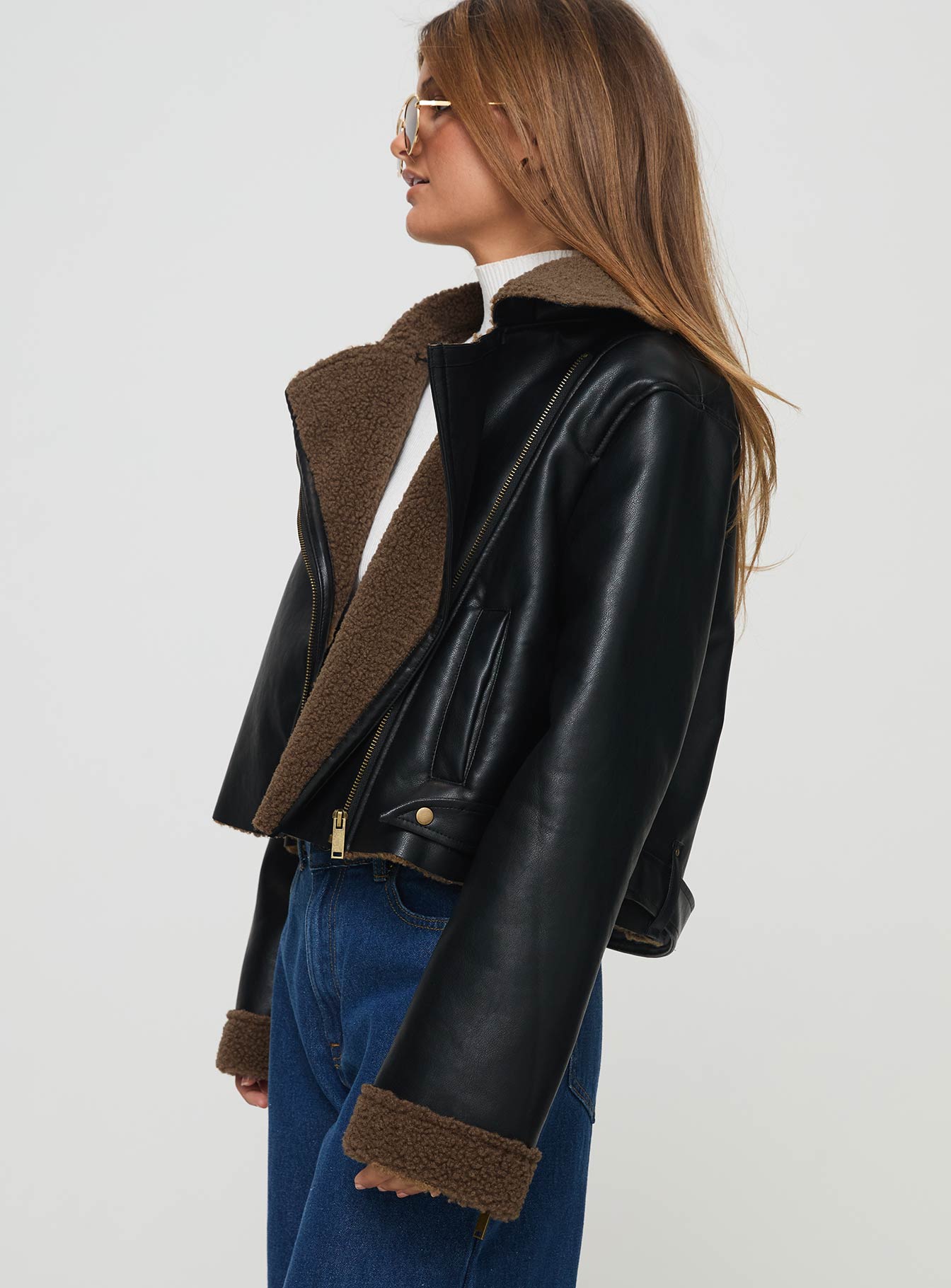 Shearling Trim Faux Leather Jacket Black Cheapest Pice For Sale