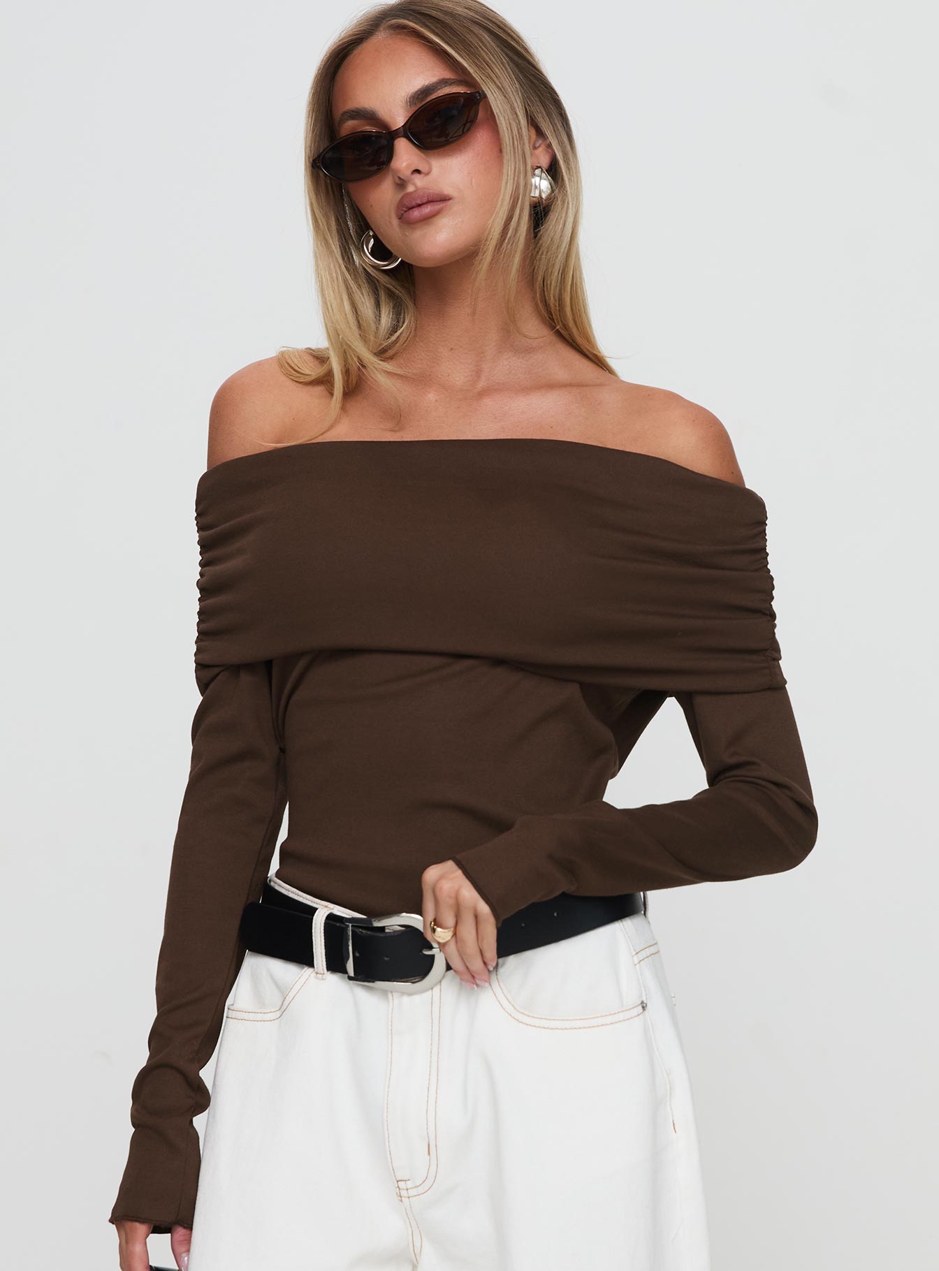 Spoilt Off The Shoulder Bodysuit Brown Buy Cheap Huge Surprise