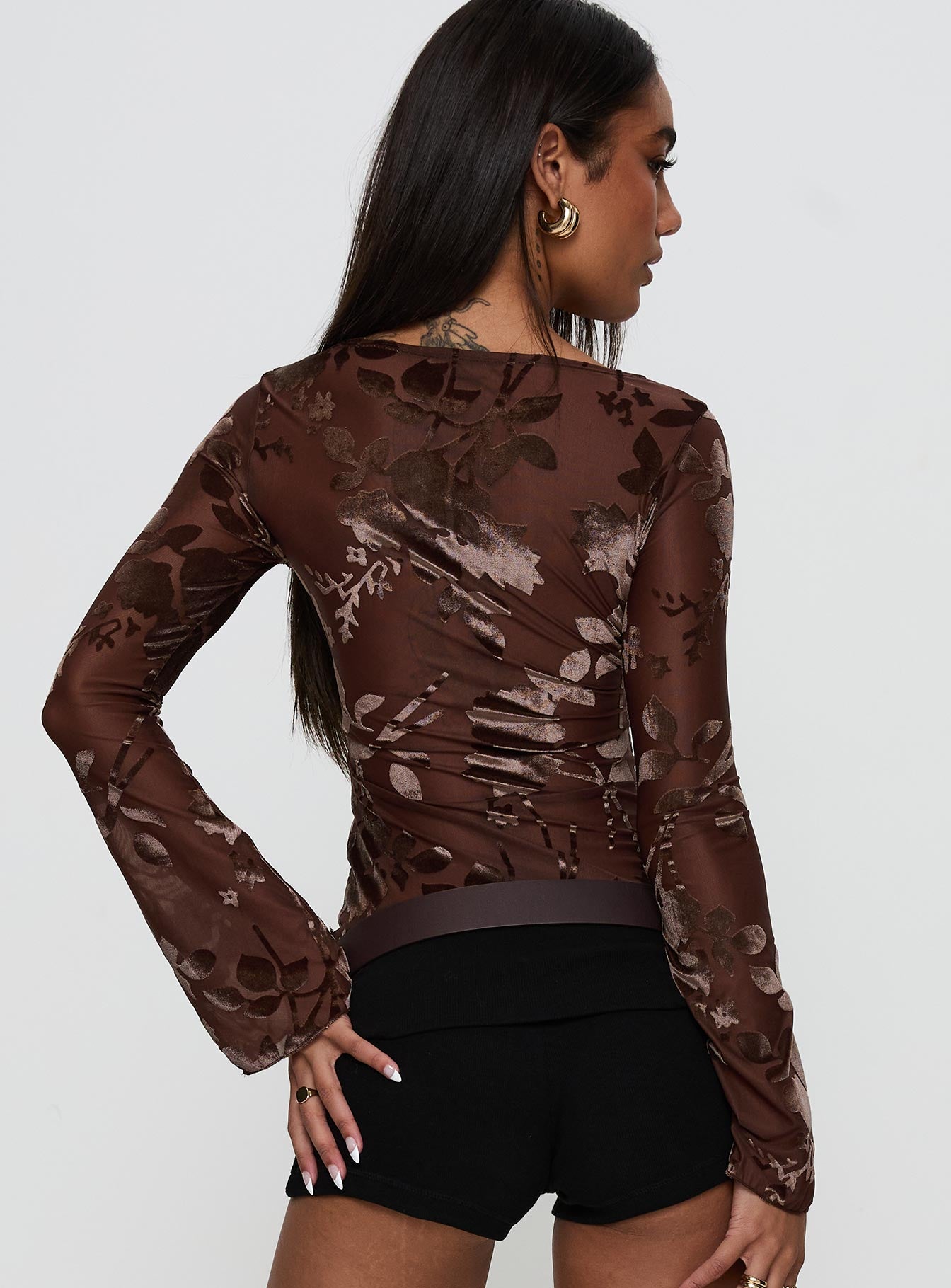 Meant To Be Mesh Long Sleeve Top Brown Floral Factory Outlet For Sale