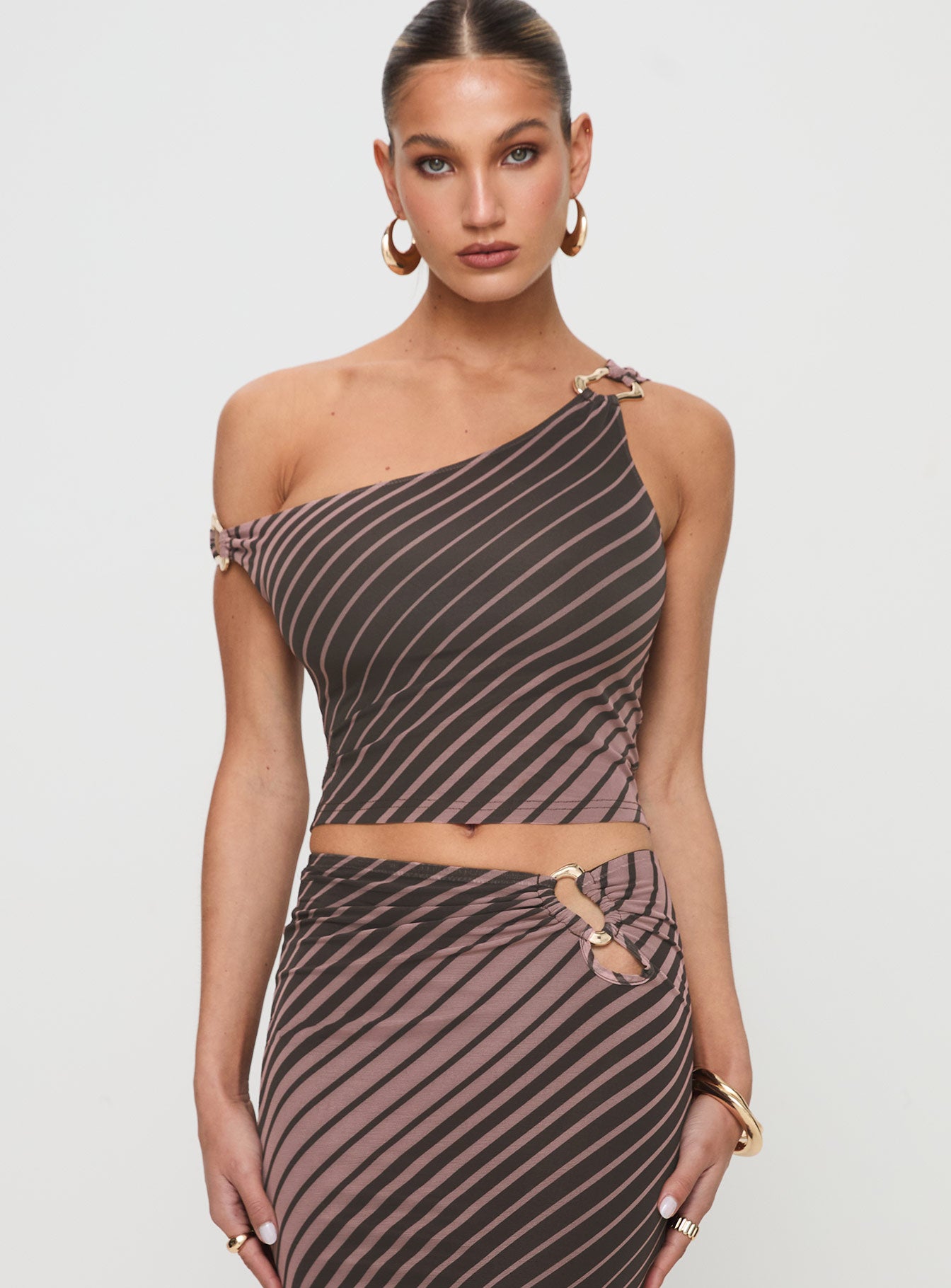 Rios One Shoulder Top Brown Stripe Clearance Get To Buy