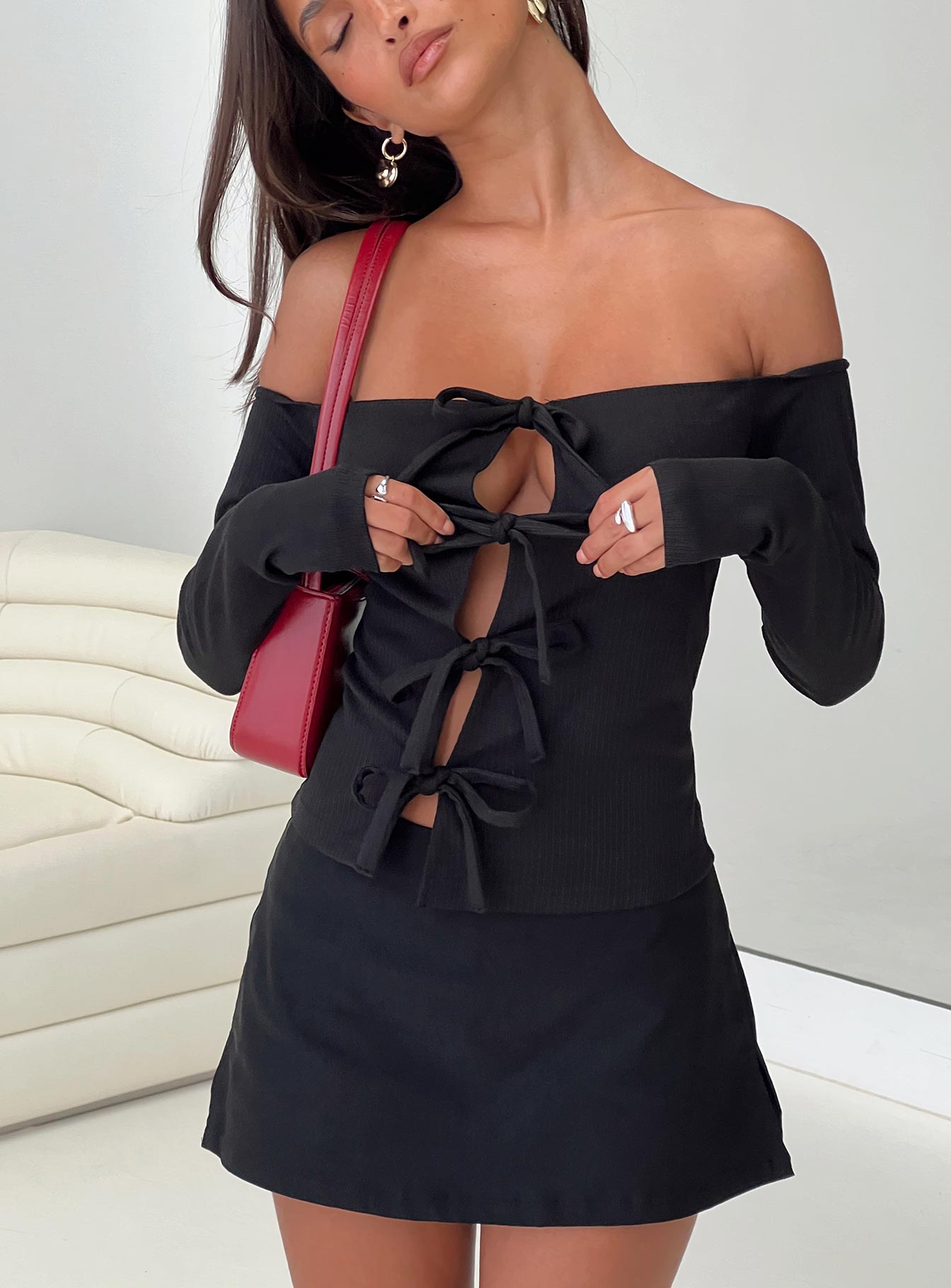 Wish You The Best Off Shoulder Bow Detail Top Black Outlet Deals