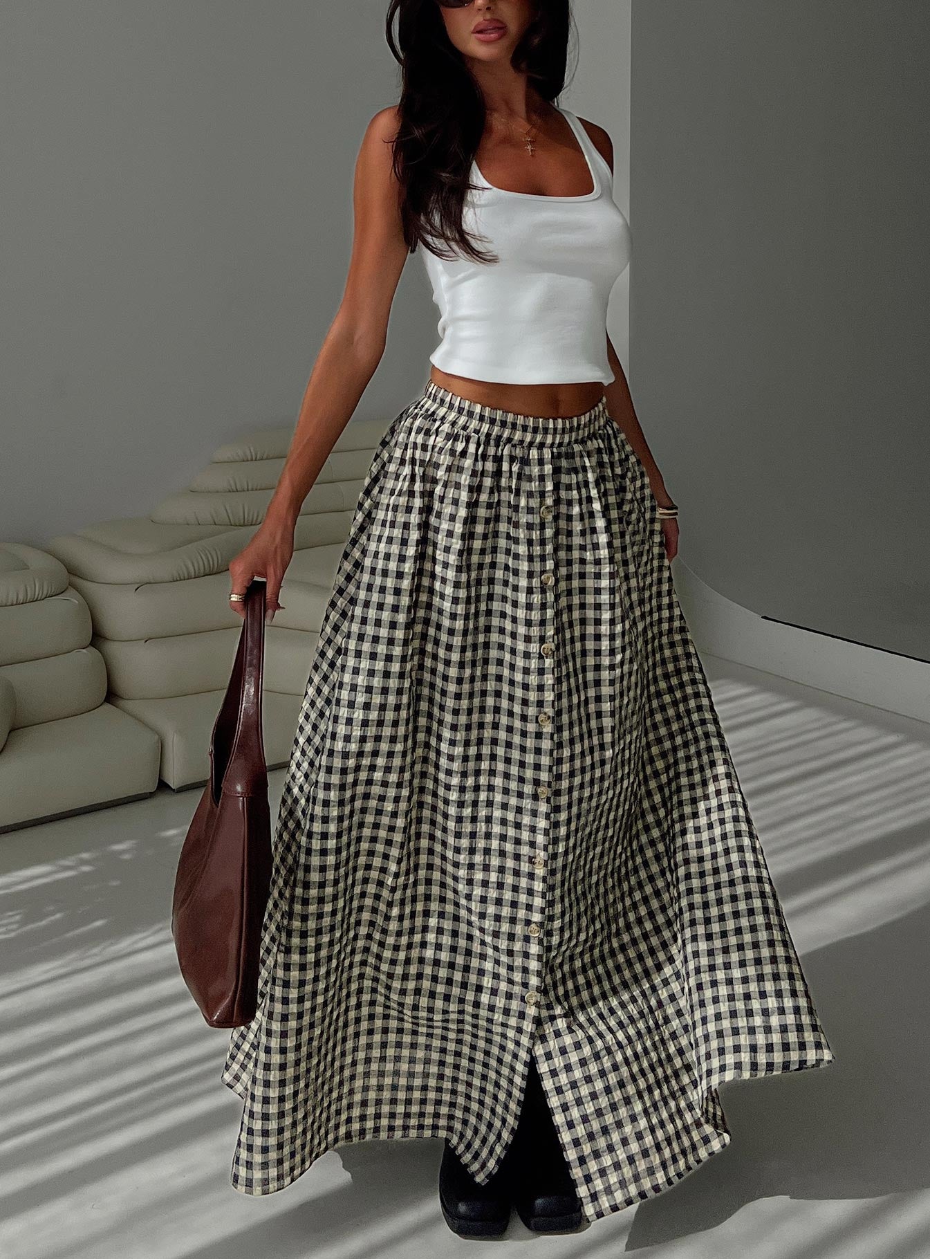 Cartmel Check Maxi Skirt Black / Cream From China