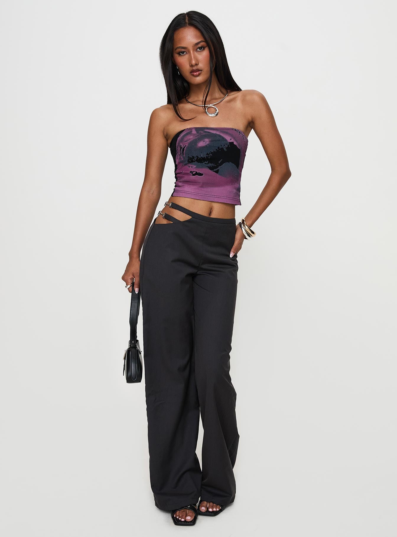 Nights Like This Cut Out Buckle Detail Pants Charcoal Inexpensive For Sale