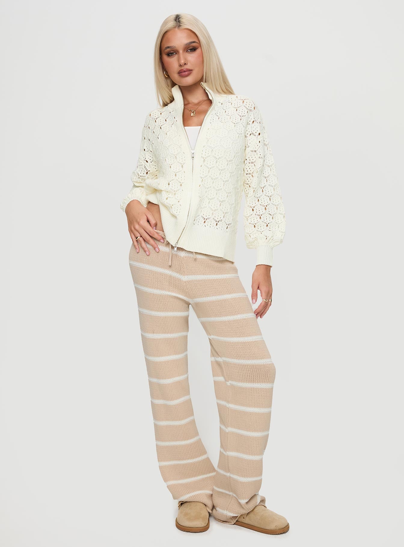 Sirena Zip Through Knit Sweater Cream For Cheap Online