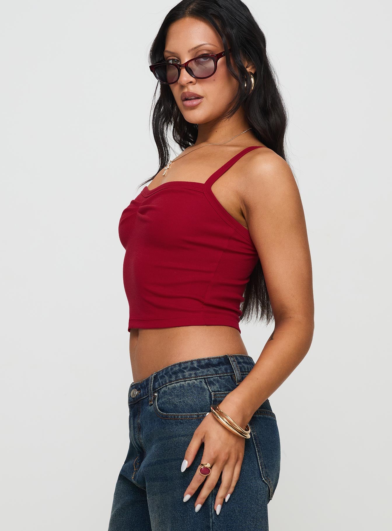 Essentials Ruched Rib Cami Top Red Discount Inexpensive