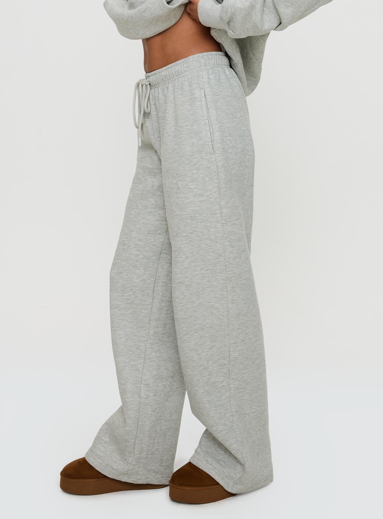 Princess Polly Wide Leg Track Pant Bubble Text Grey Marle / Green Low Pice Fee Shipping