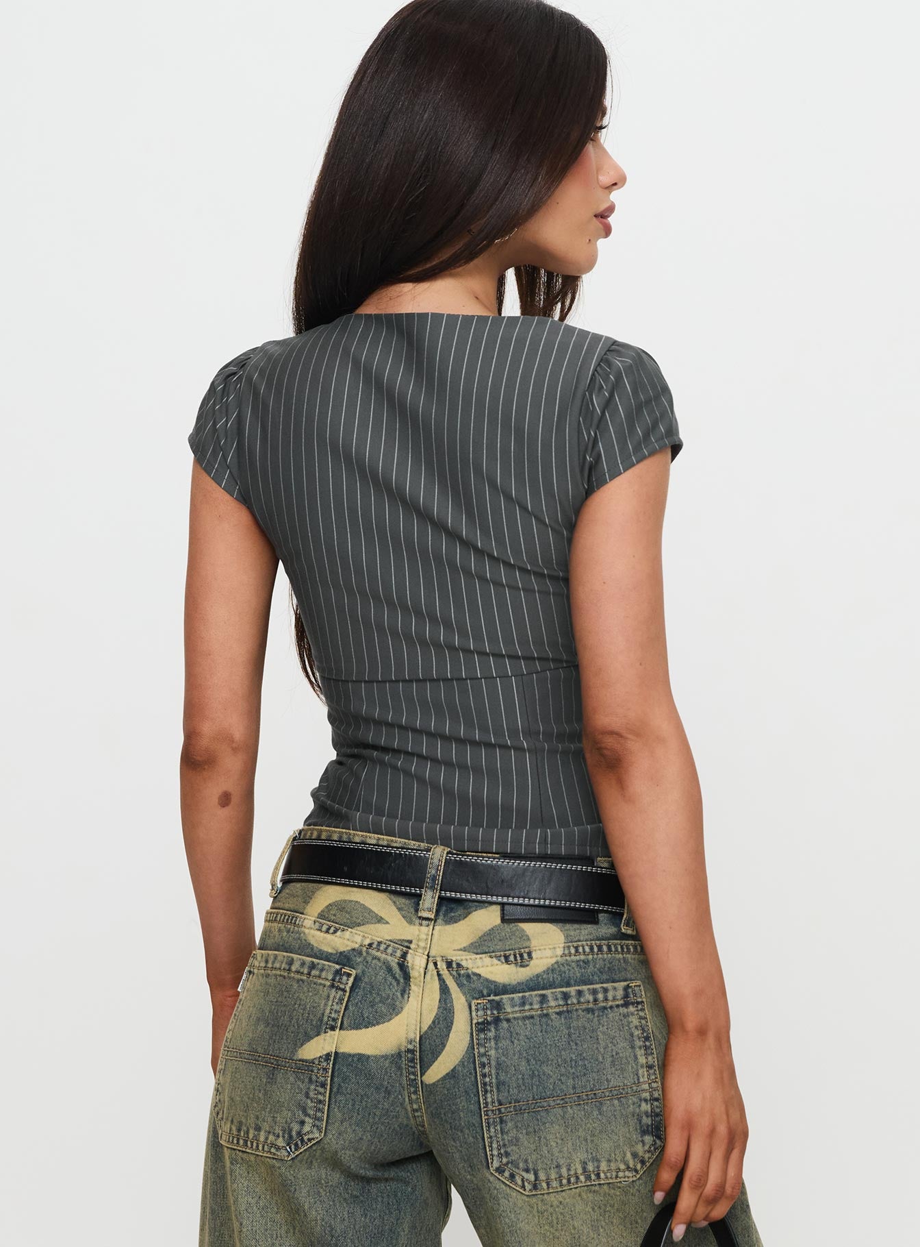 Santa Cruz Zip Through Top Grey Pinstripe Fashion Style Cheap Online