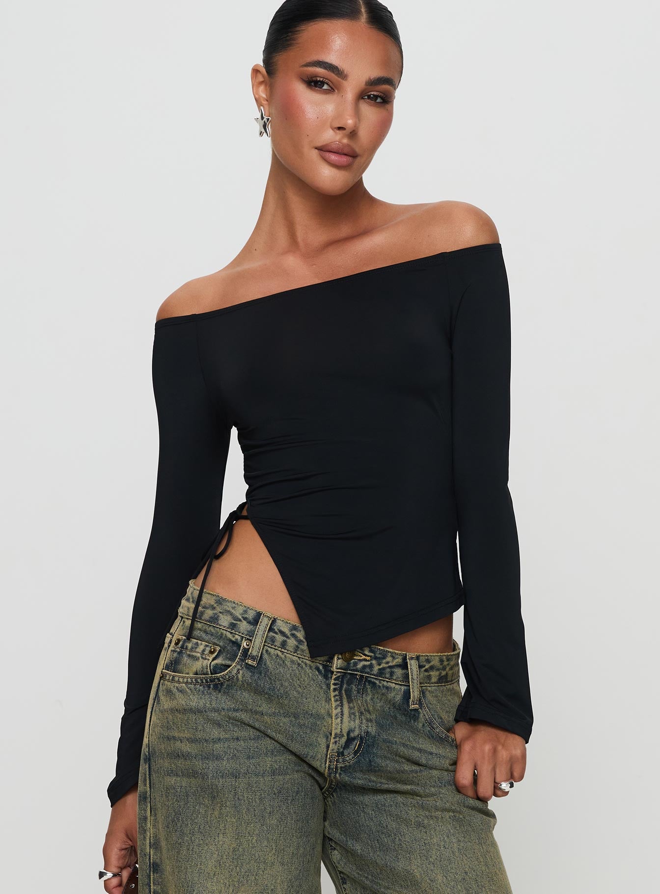 Endellion Off Shoulder Long Sleeve Top Black Cheap Pice Buy Discount