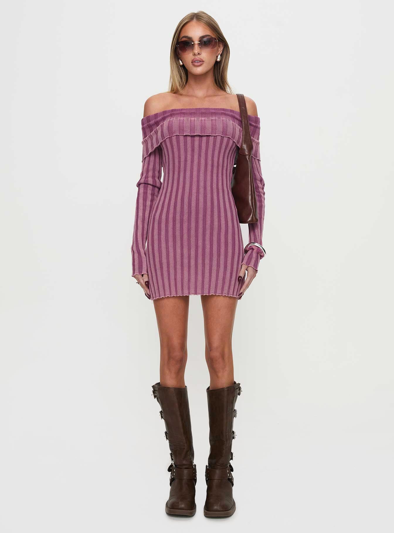 Kalesie Long Sleeve Rib Mini Dress Pink Pices For Sale