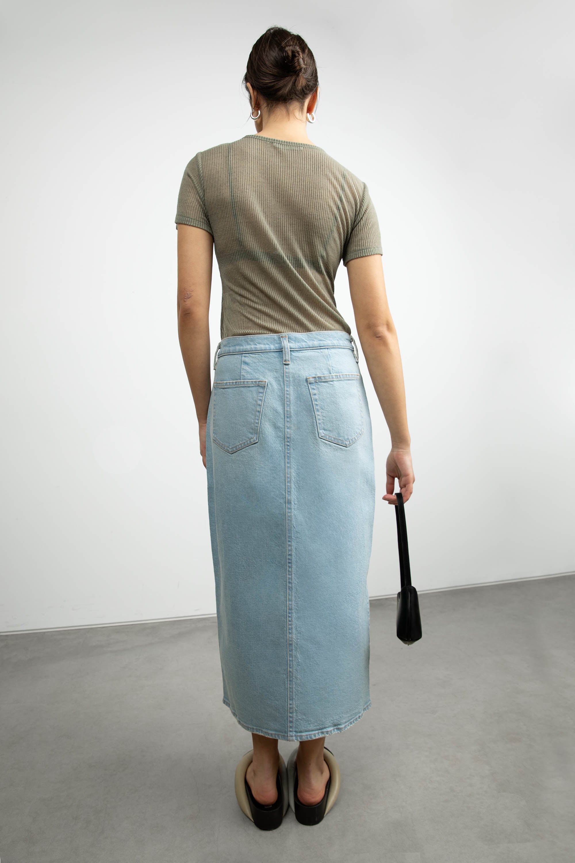 FRONT SLIT DENIM MIDI SKIRT Authentic For Sale