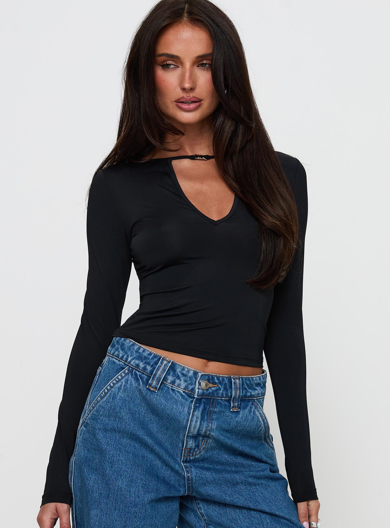 Layna Long Sleeve Plunge Neck Top Black Pay With Paypal Cheap Online