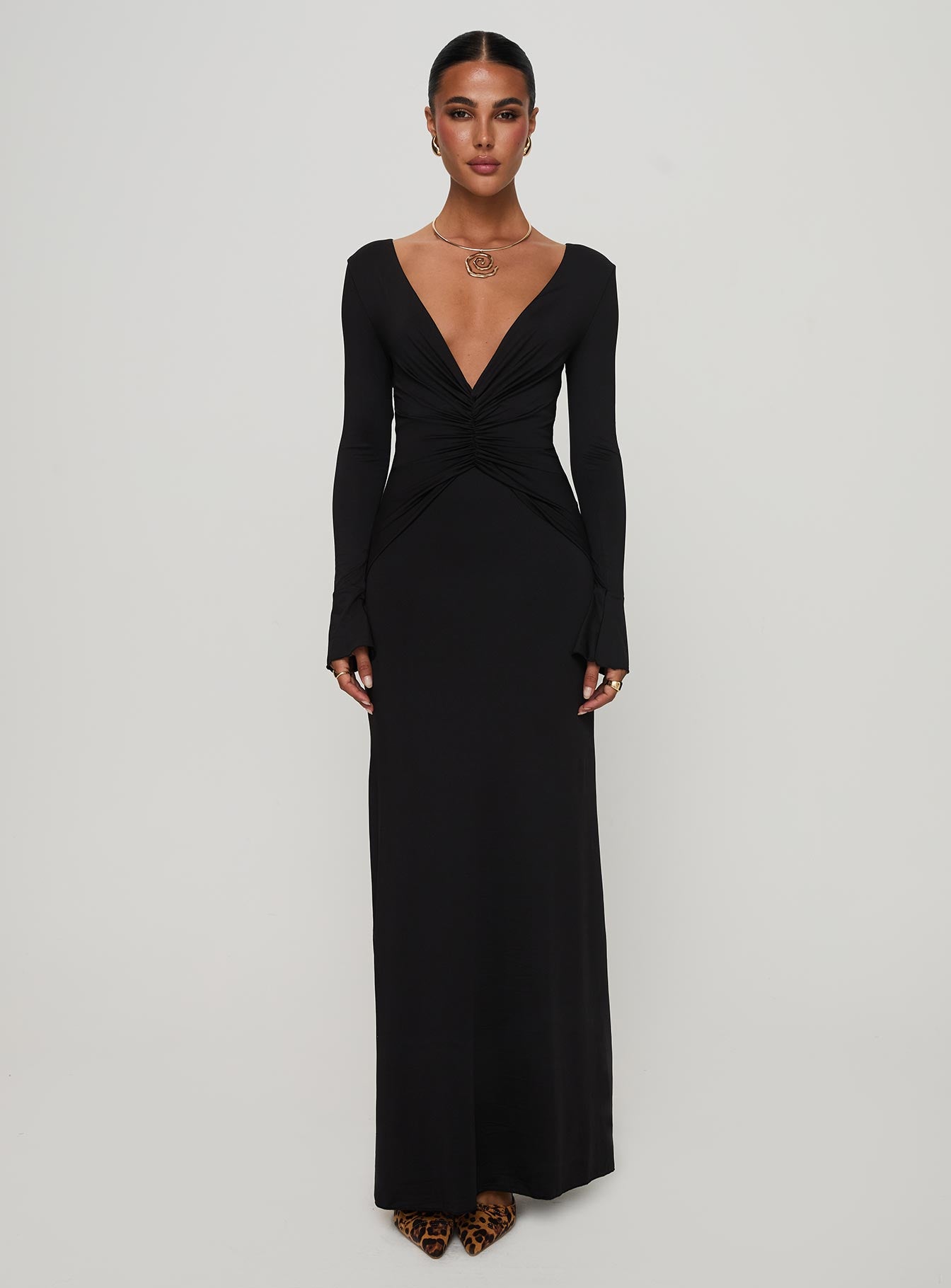 Lezure Plunge Long Sleeve Maxi Dress Black Cost Cheap Online