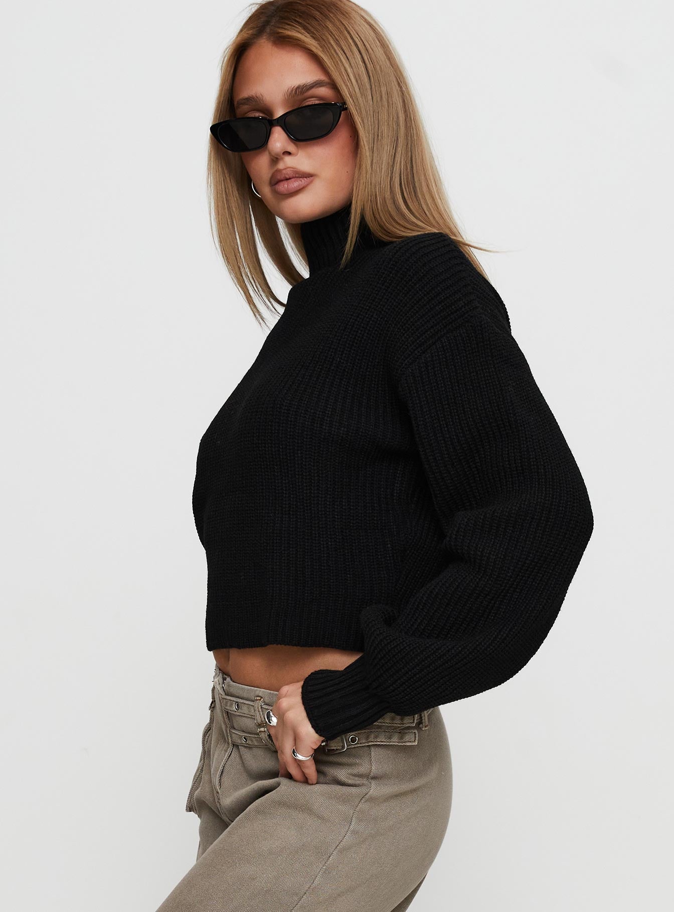 Sayge Mock Neck Knit Sweater Black View Cheap Online