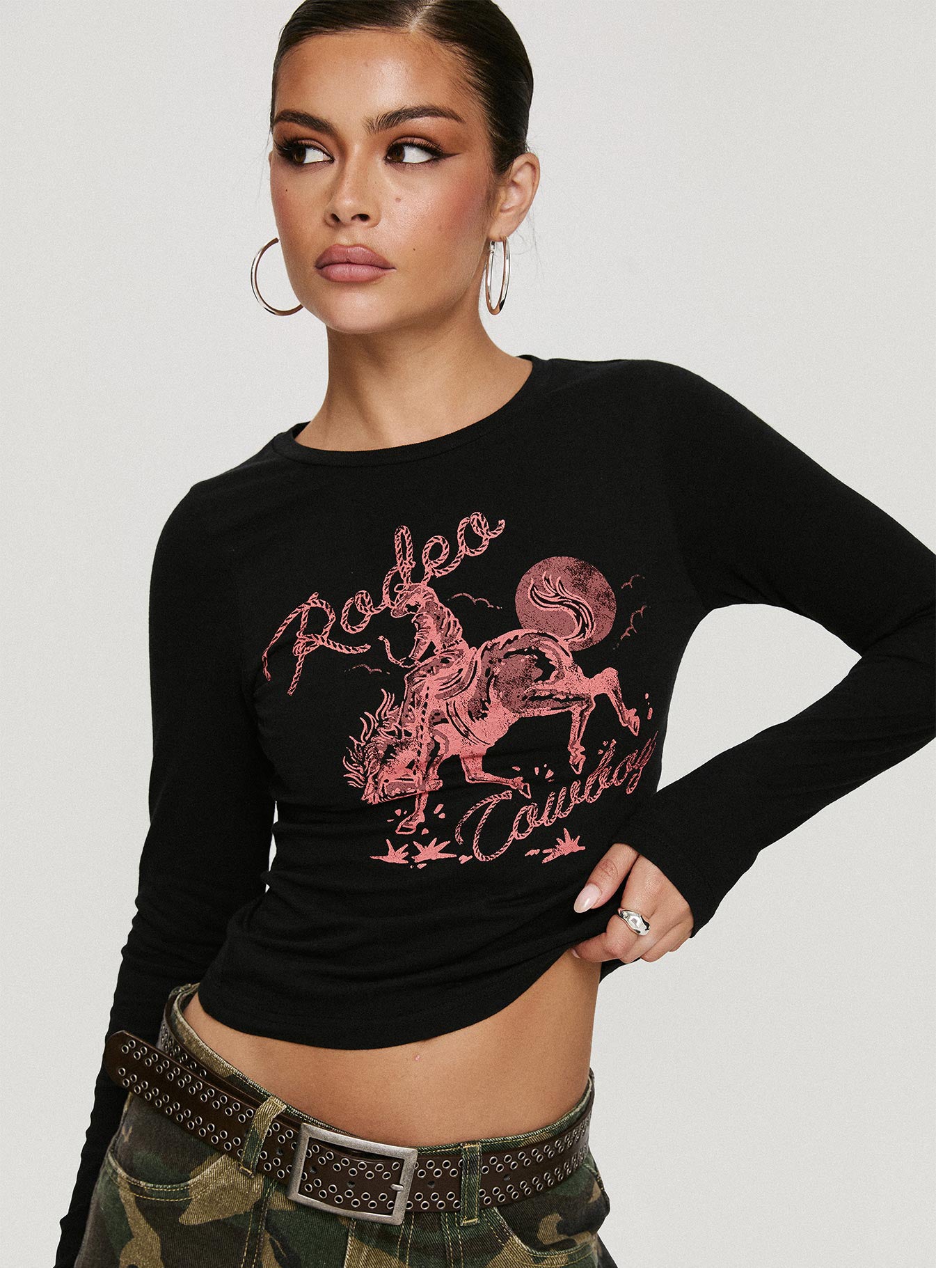 Rodeo Cowboy Long Sleeve Top Washed Wine Clearance Factory Outlet