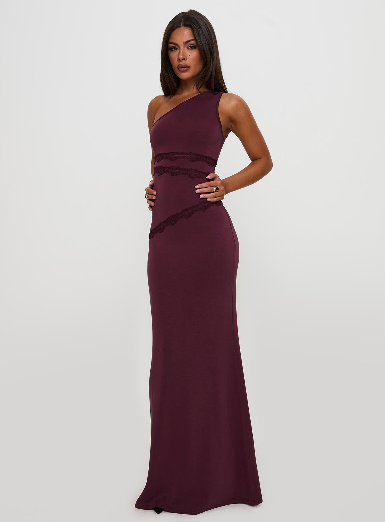 Ultraviolet One Shoulder Lace Maxi Dress Wine Clearance Clearance Store