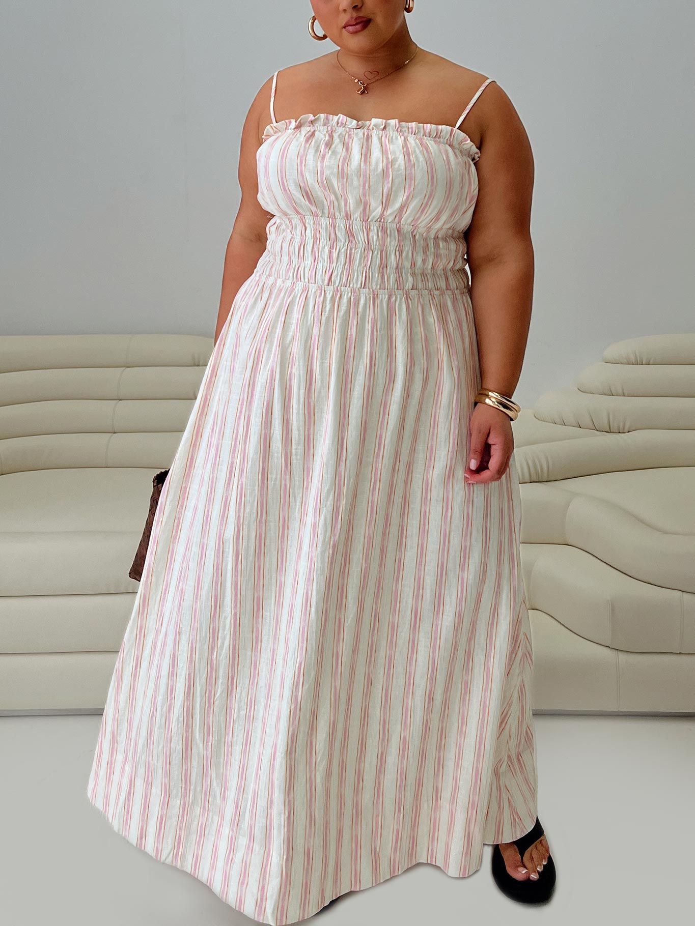 Persephone Shirring Linen Maxi Dress Pink Stripe Curve Discount Best Seller