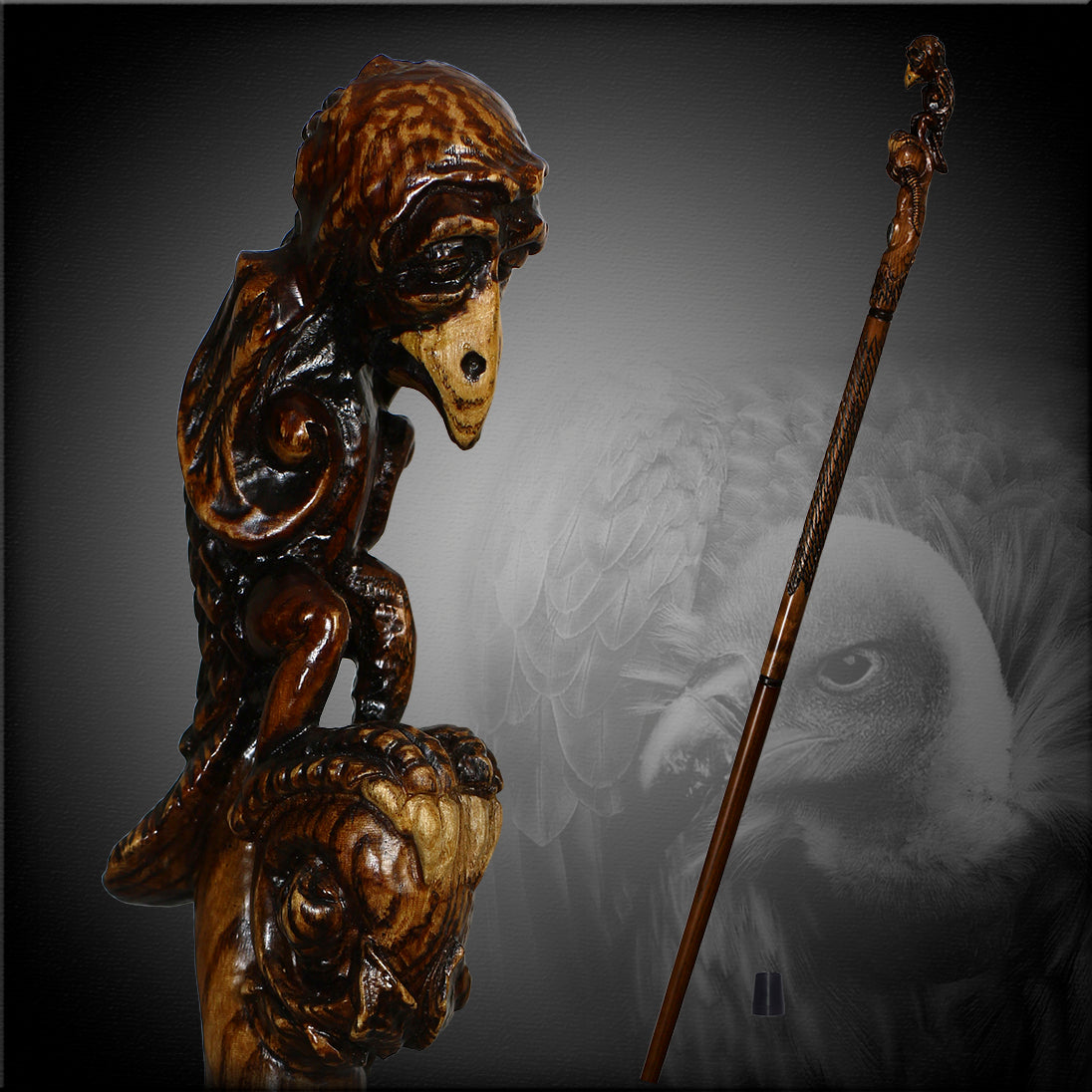 Sad Griffin Raven Bird Artisan Intricate Hand-Carved Walking Cane Pick A Best Sale Online